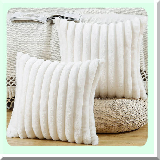 Cream Fluffy Wool Plush Pillow Covers - Set of 2 | Soft Striped Decorative Cushion Shell for Sofa & Bedroom | 16x16 Inch Decor Pillow Cover