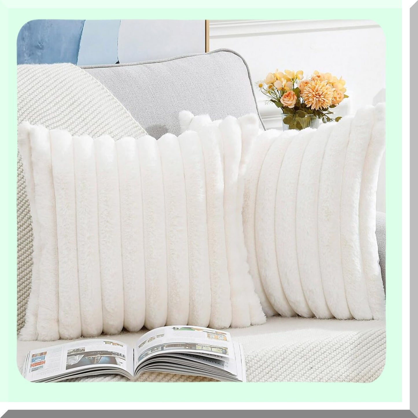 Cream Fluffy Wool Plush Pillow Covers - Set of 2 | Soft Striped Decorative Cushion Shell for Sofa & Bedroom | 16x16 Inch Decor Pillow Cover