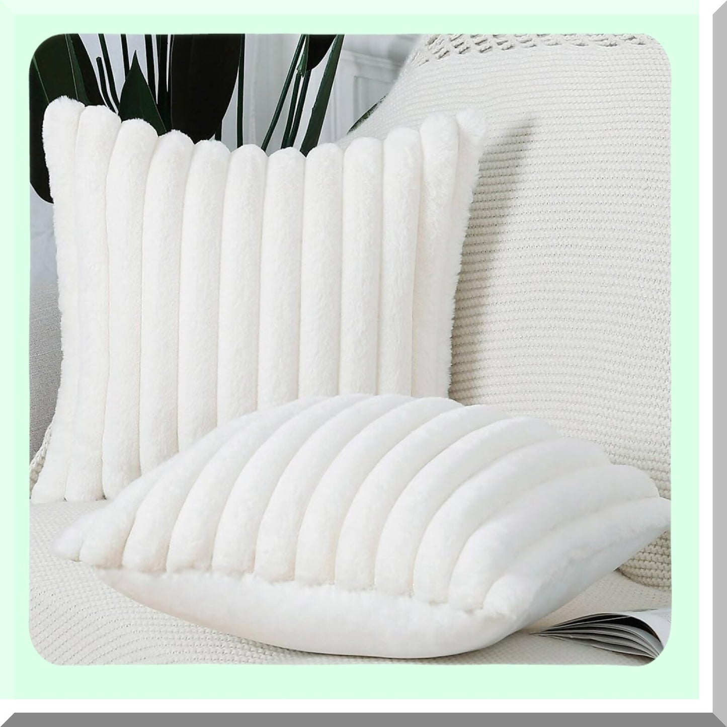Cream Fluffy Wool Plush Pillow Covers - Set of 2 | Soft Striped Decorative Cushion Shell for Sofa & Bedroom | 16x16 Inch Decor Pillow Cover