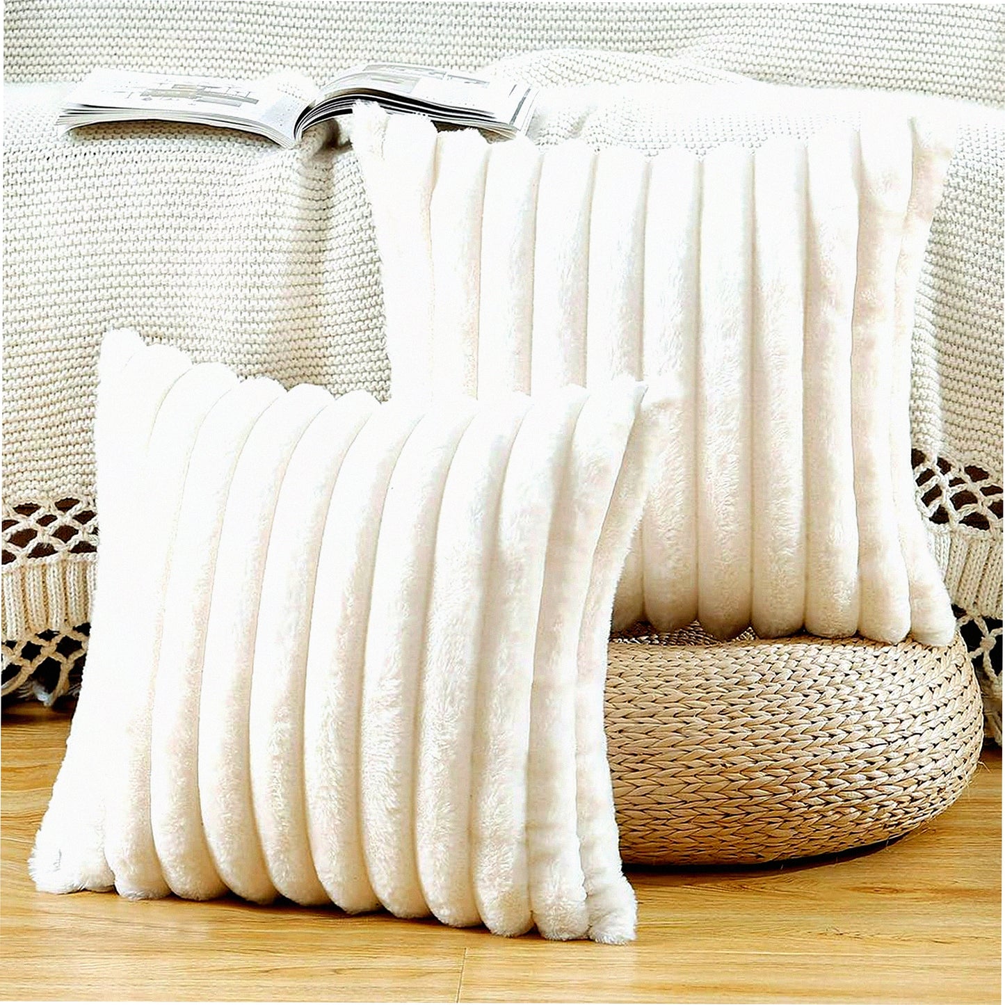 Cream Fluffy Wool Plush Pillow Covers - Set of 2 | Soft Striped Decorative Cushion Shell for Sofa & Bedroom | 16x16 Inch Decor Pillow Cover