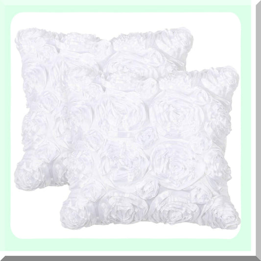 3D Roses Decorative Pillow Cover Set - Romantic Floral Cushion Covers for Bed Sofa Couch - Snow White Throw Pillow Cases - 16'' x 16'' - Set of 2