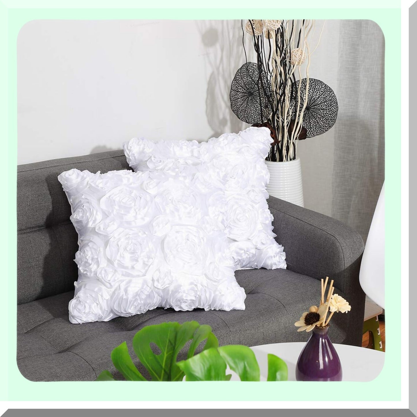 3D Roses Decorative Pillow Cover Set - Romantic Floral Cushion Covers for Bed Sofa Couch - Snow White Throw Pillow Cases - 16'' x 16'' - Set of 2