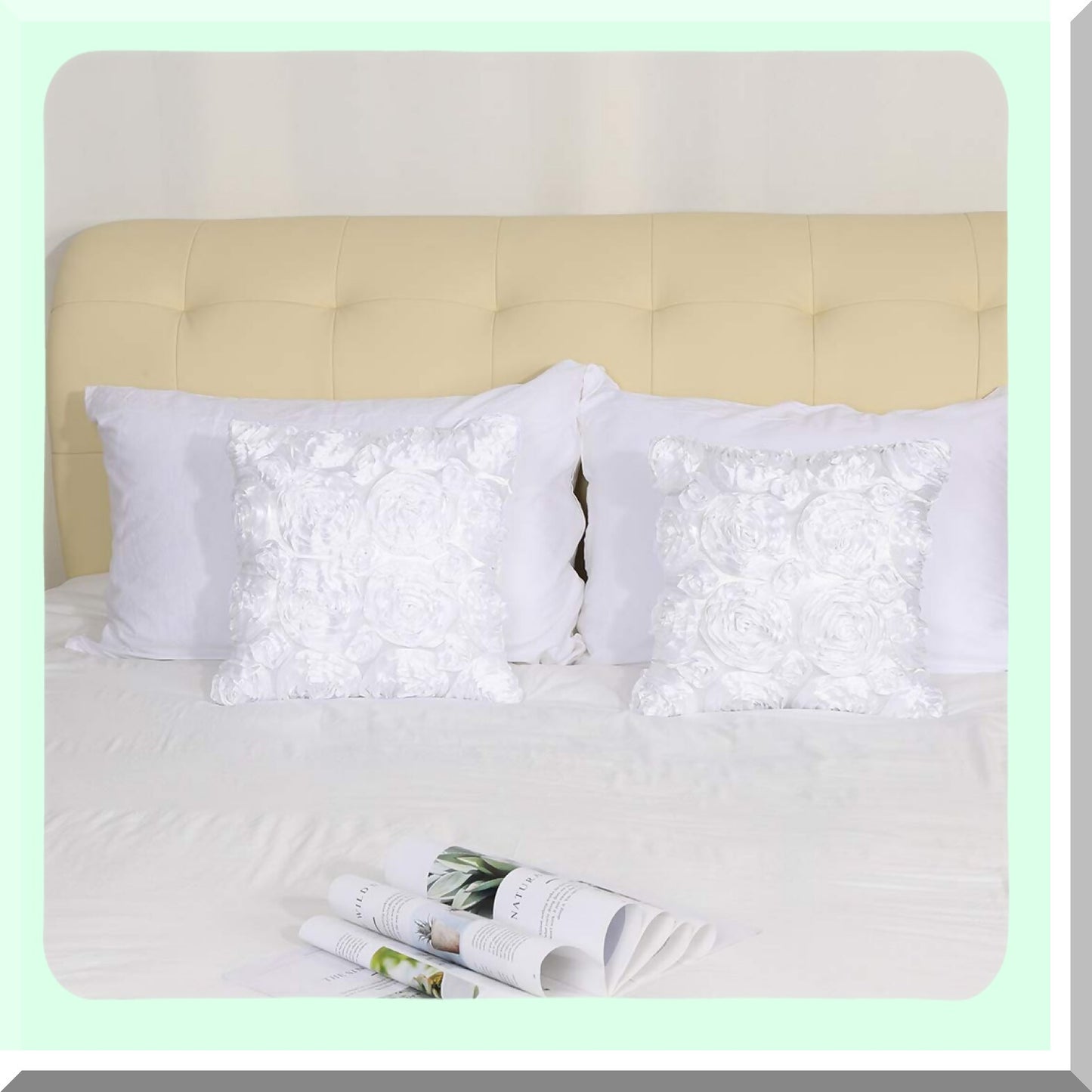 3D Roses Decorative Pillow Cover Set - Romantic Floral Cushion Covers for Bed Sofa Couch - Snow White Throw Pillow Cases - 16'' x 16'' - Set of 2