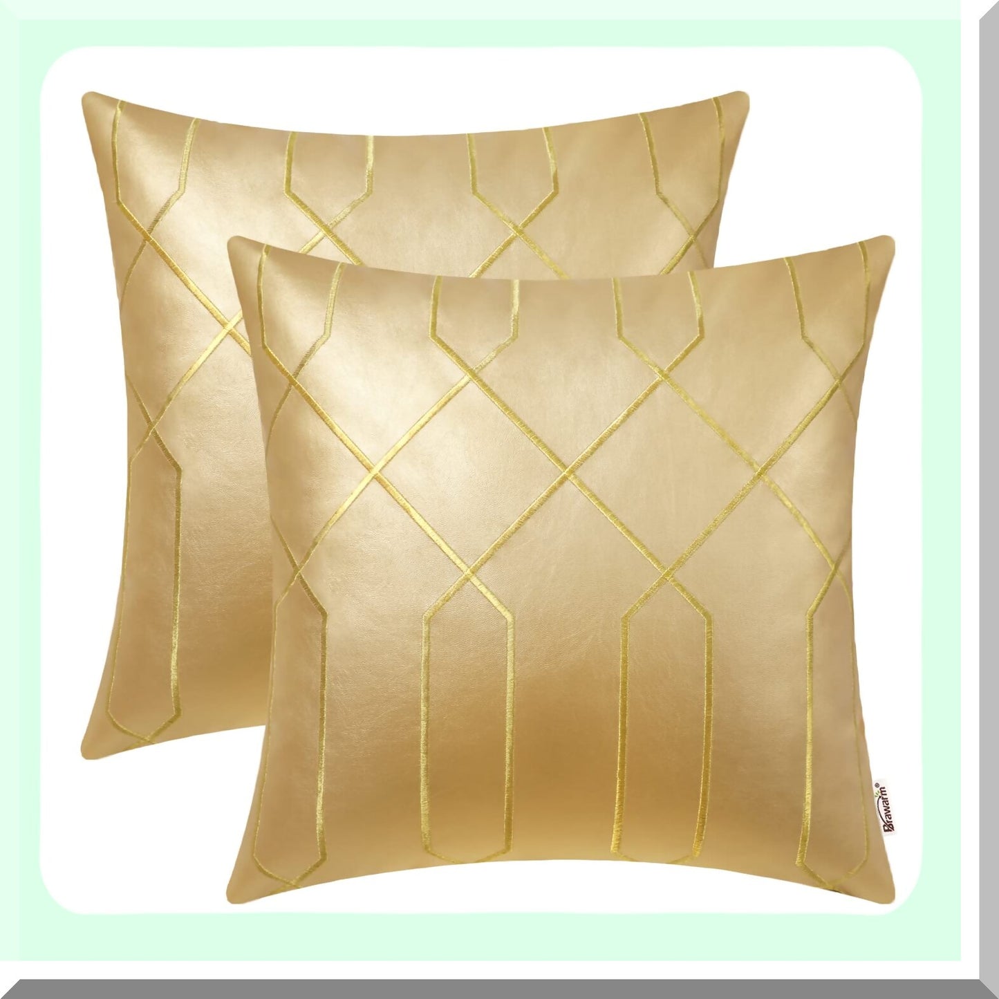 Gold Geometric Leather Pillow Covers - Set of 2, 22x22 Inches, Embroidered Decorative Throw Pillows for Living Room, Couch, Bed, Sofa - Home Décor