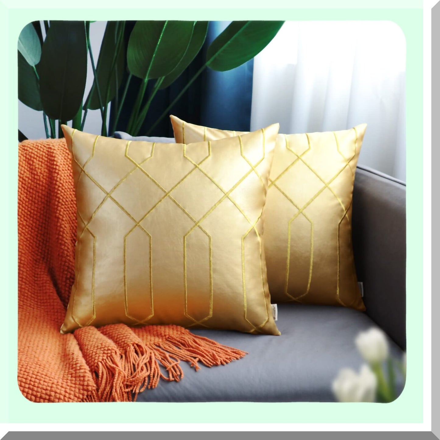 Gold Geometric Leather Pillow Covers - Set of 2, 22x22 Inches, Embroidered Decorative Throw Pillows for Living Room, Couch, Bed, Sofa - Home Décor