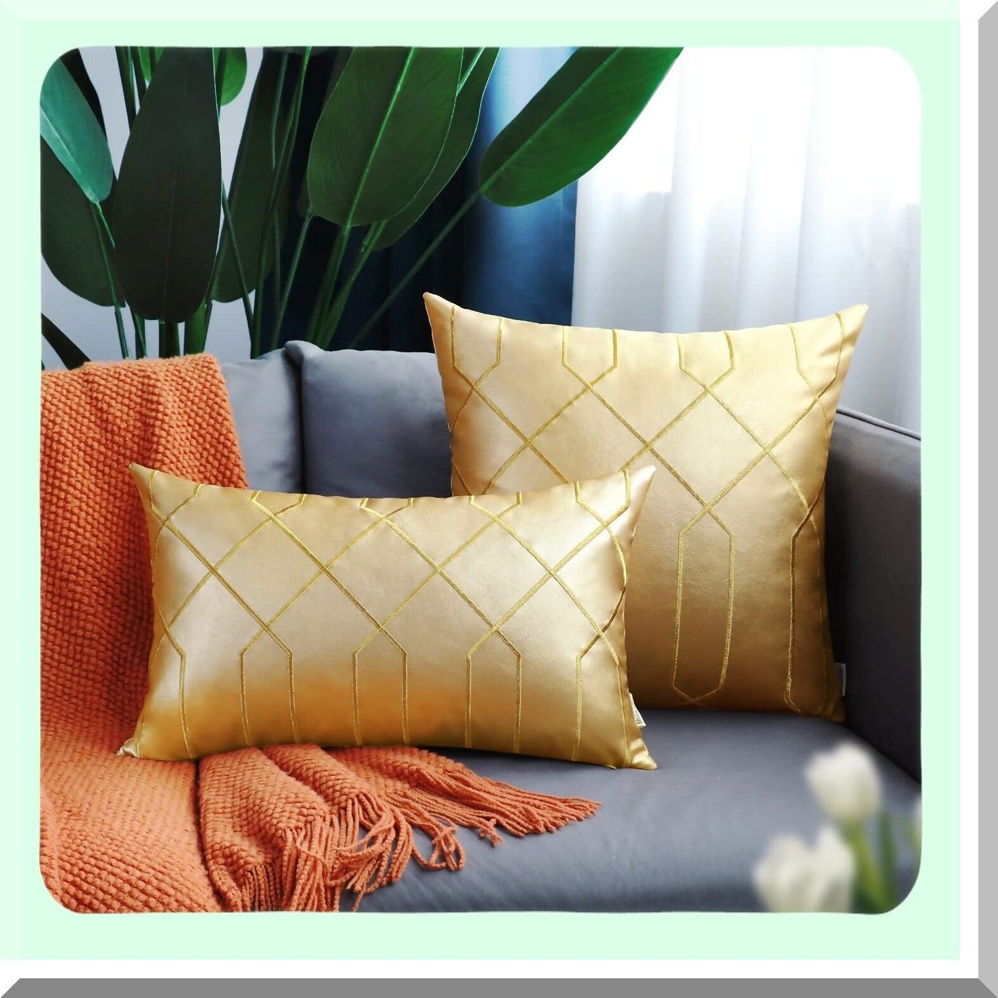 Gold Geometric Leather Pillow Covers - Set of 2, 22x22 Inches, Embroidered Decorative Throw Pillows for Living Room, Couch, Bed, Sofa - Home Décor