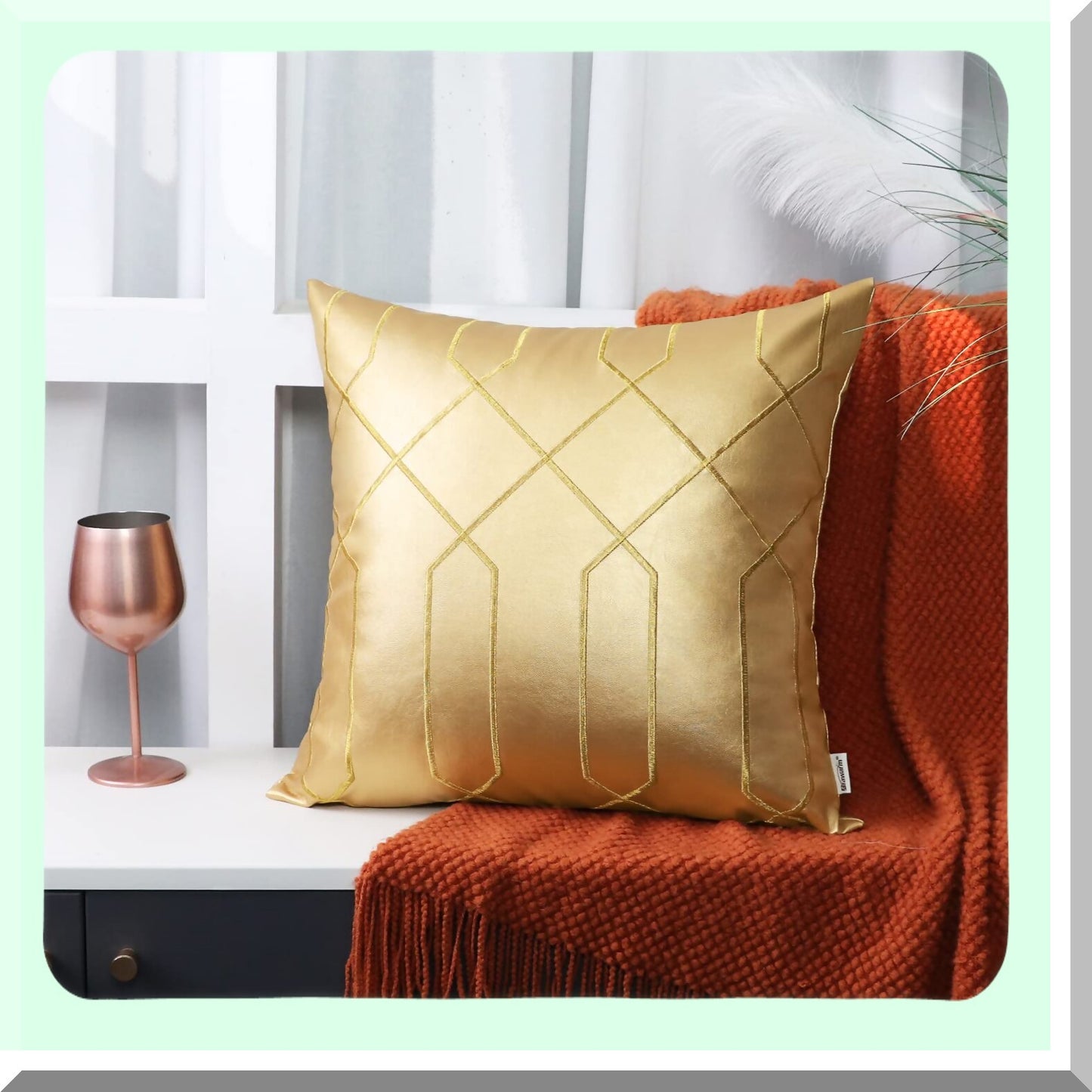 Gold Geometric Leather Pillow Covers - Set of 2, 22x22 Inches, Embroidered Decorative Throw Pillows for Living Room, Couch, Bed, Sofa - Home Décor