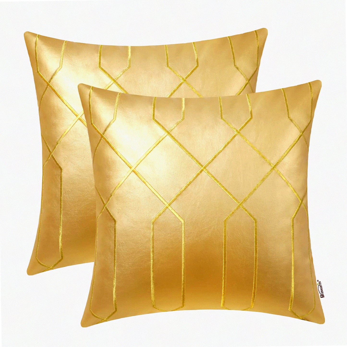 Gold Geometric Leather Pillow Covers - Set of 2, 22x22 Inches, Embroidered Decorative Throw Pillows for Living Room, Couch, Bed, Sofa - Home Décor