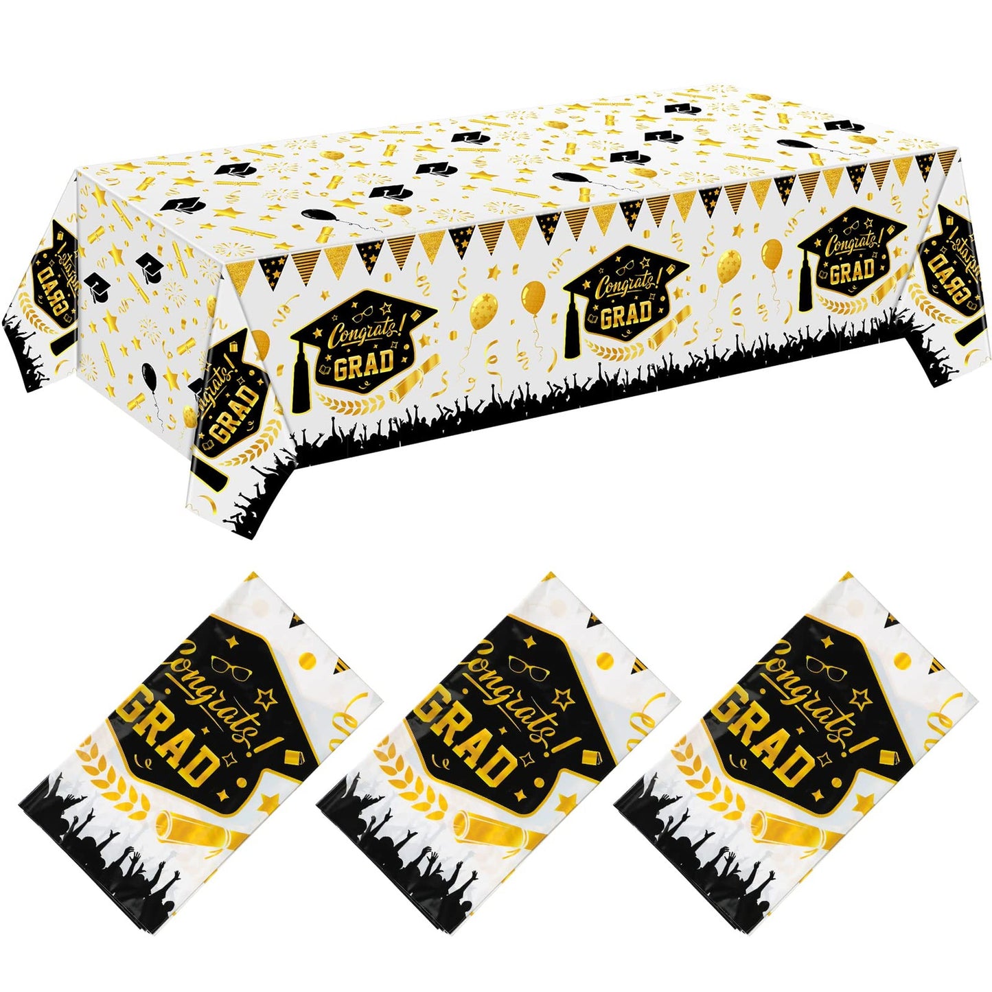 Congrats Grad Tablecloth Set - 3 Pack Disposable Plastic Table Covers for Class of 2023 Graduation Party Decorations. Large Size 51" x 108" in Black & Gold.