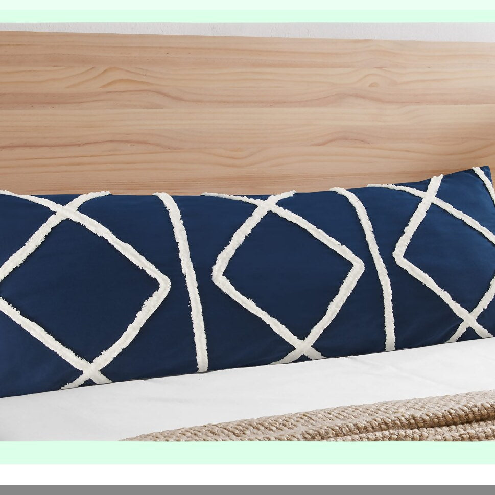 Navy Ivory Macrame Tufted Fringe Body Pillow Cover - Boho Chic Farmhouse Decor - Geometric Accent Throw Case - Sweet Jojo Designs 54x20 Zipper