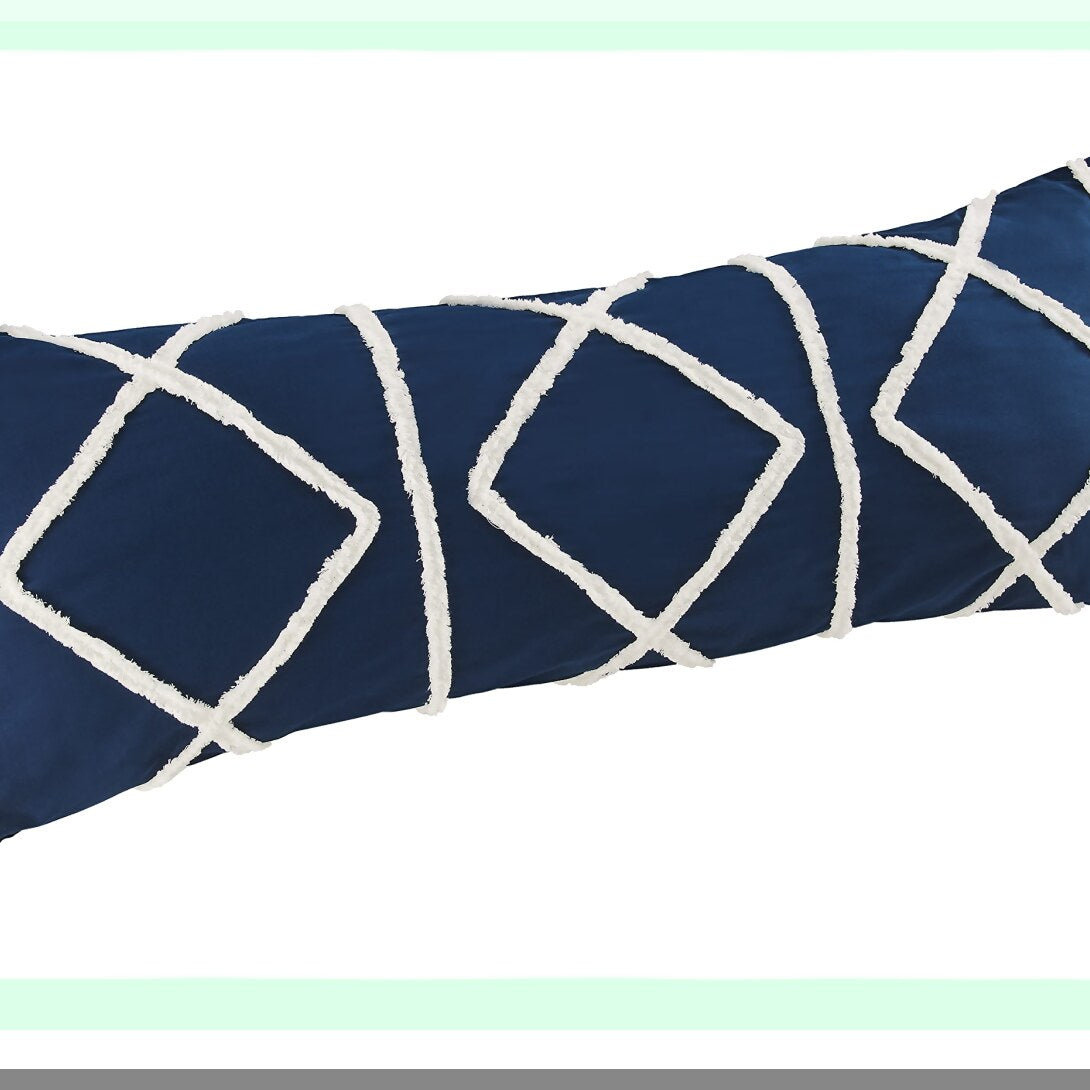 Navy Ivory Macrame Tufted Fringe Body Pillow Cover - Boho Chic Farmhouse Decor - Geometric Accent Throw Case - Sweet Jojo Designs 54x20 Zipper