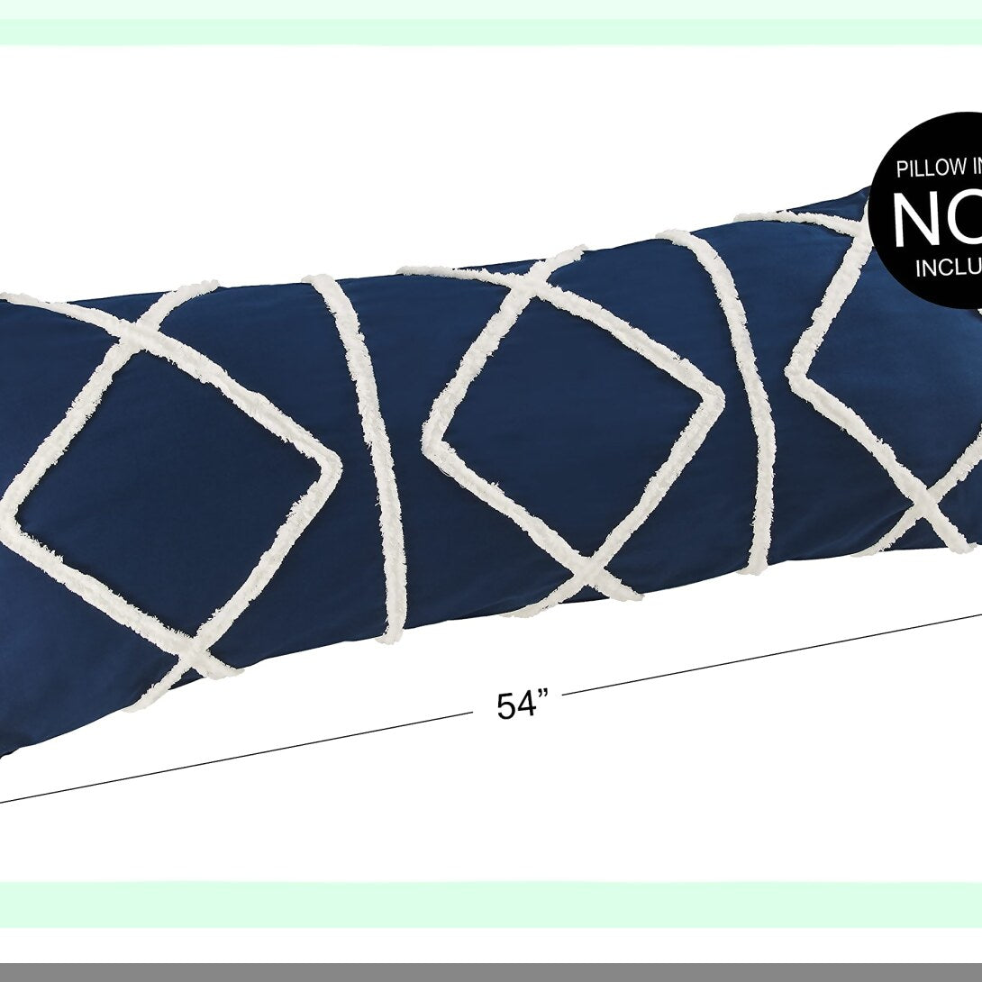 Navy Ivory Macrame Tufted Fringe Body Pillow Cover - Boho Chic Farmhouse Decor - Geometric Accent Throw Case - Sweet Jojo Designs 54x20 Zipper