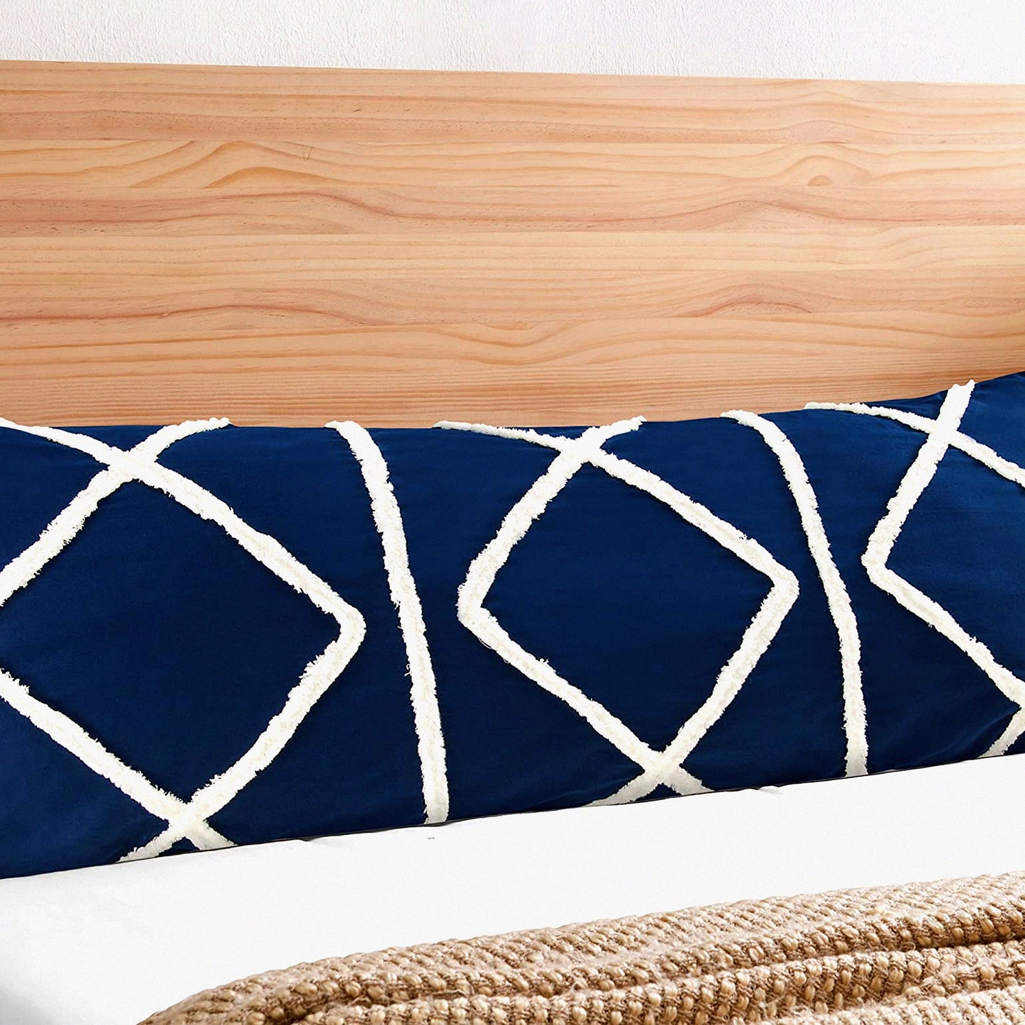 Navy Ivory Macrame Tufted Fringe Body Pillow Cover - Boho Chic Farmhouse Decor - Geometric Accent Throw Case - Sweet Jojo Designs 54x20 Zipper