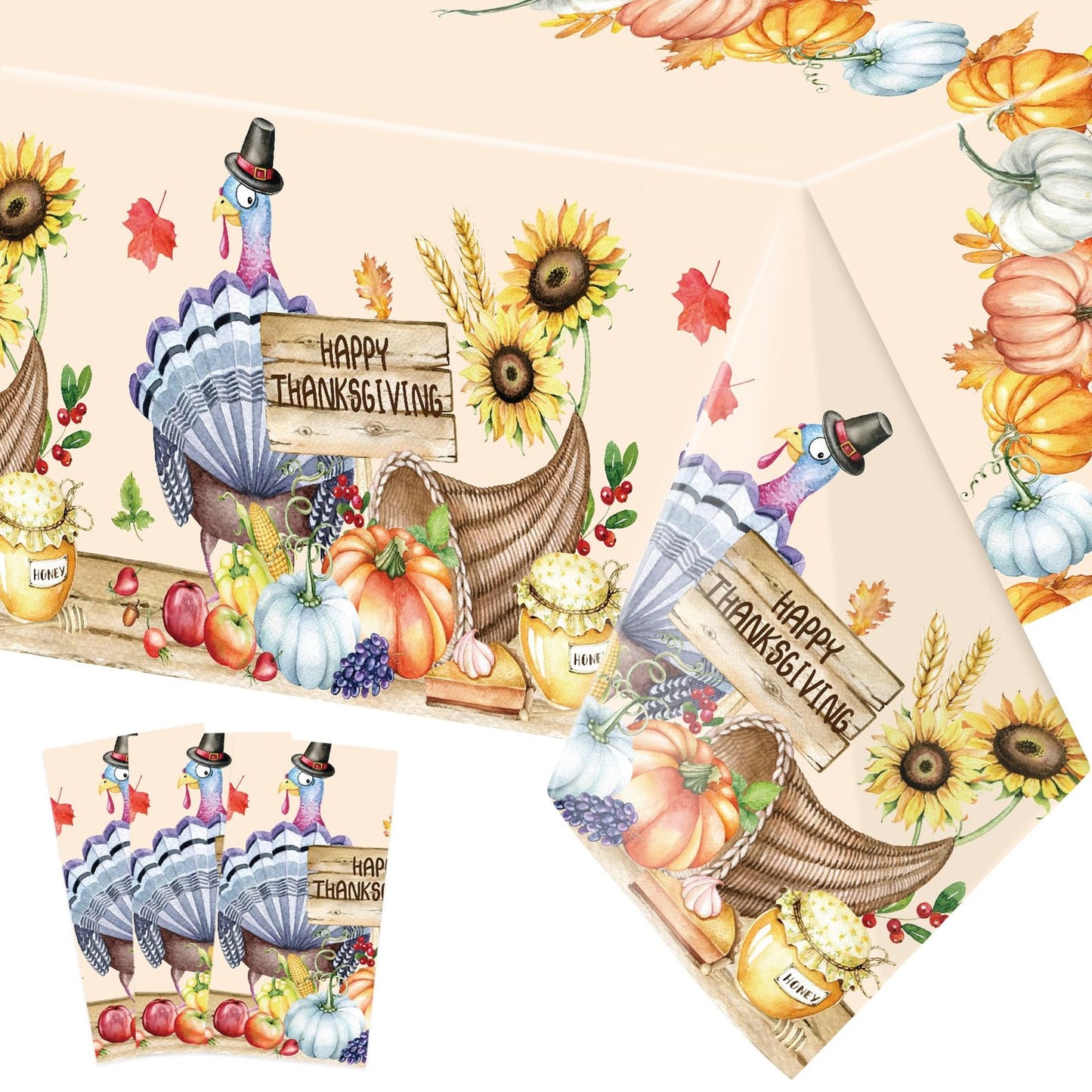 Autumn Harvest Disposable Tablecloths - Set of 3 Waterproof Plastic Covers for Thanksgiving Dinner Party Decor, featuring Turkey & Pumpkin Designs