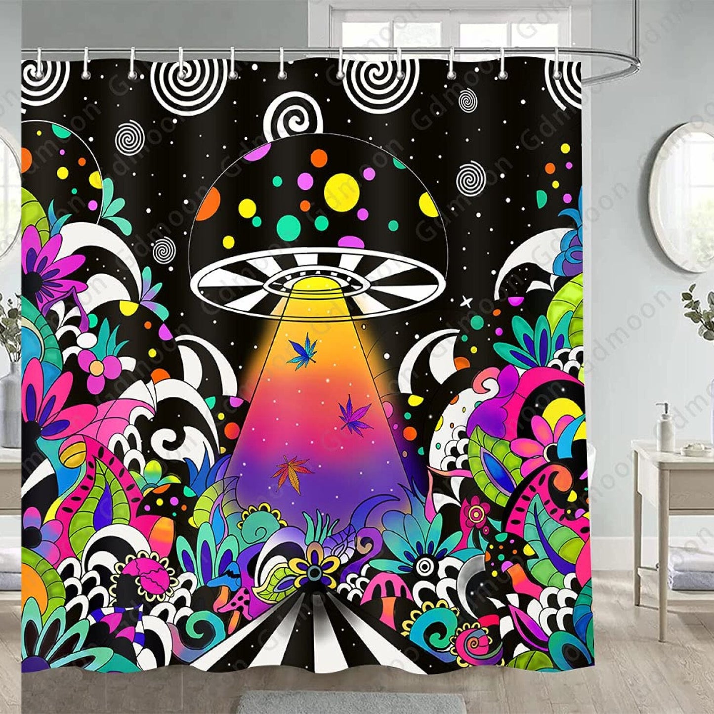 Colorful Mushroom UFO Spacecraft Shower Curtain 72x72In