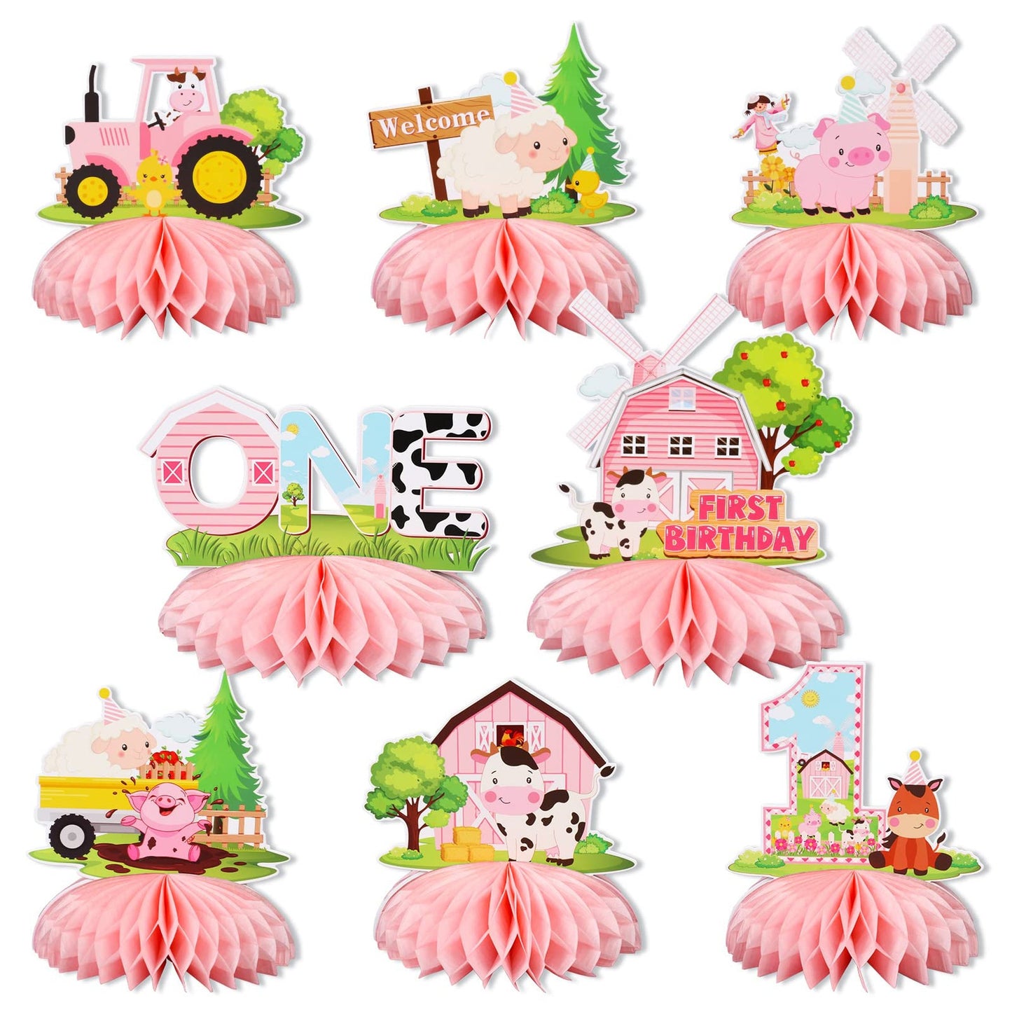 Farmyard Honeycomb Cutouts - Pink Table Decor Set for Baby Shower & 1st Birthday Party. Barnyard Centerpieces for Farm Theme Celebration, 8 PCS Kit.