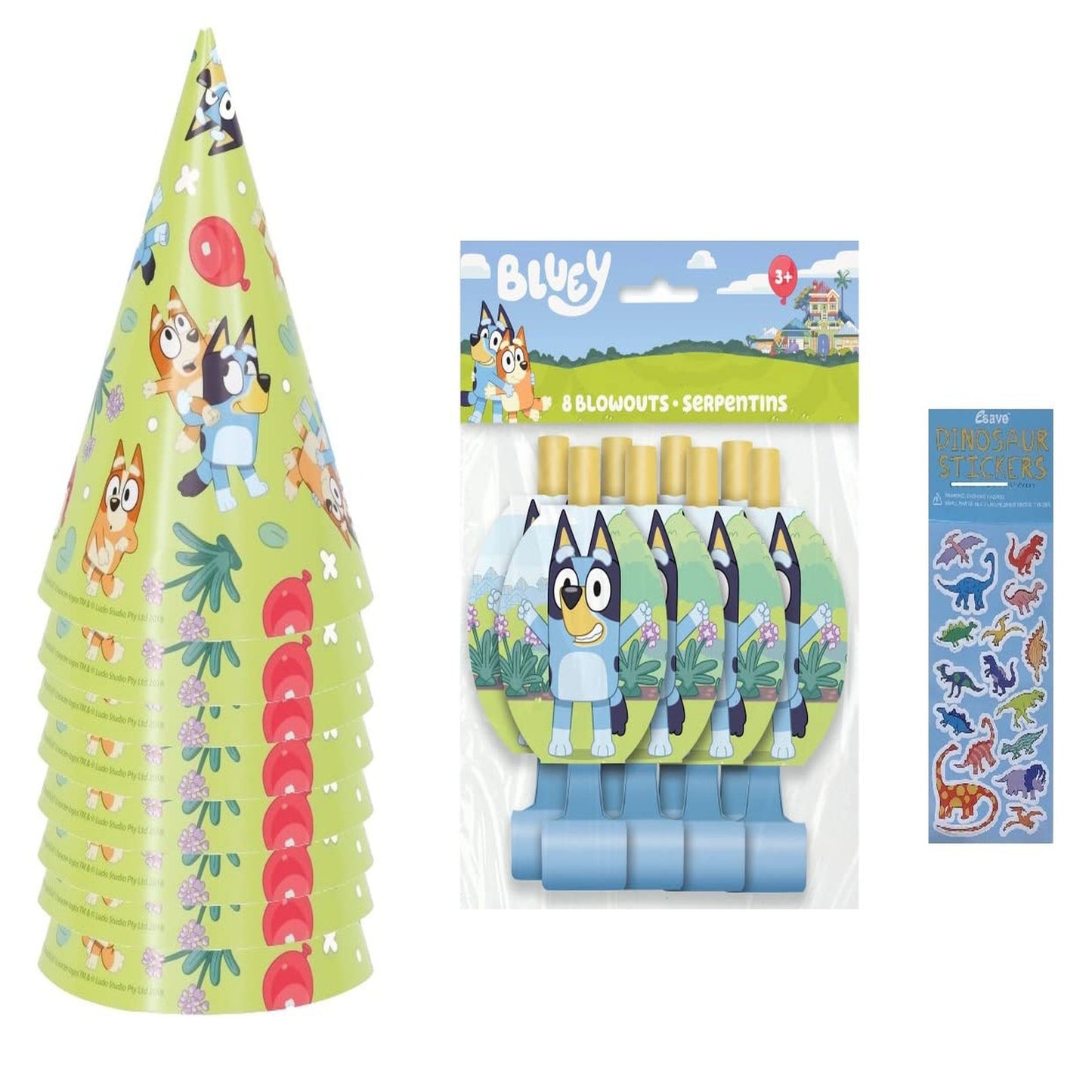 Bluey Dino Party Pack - 8 Hats, 8 Blowouts, 1 Sticker Sheet - Perfect for a Dinosaur Themed Birthday Celebration!