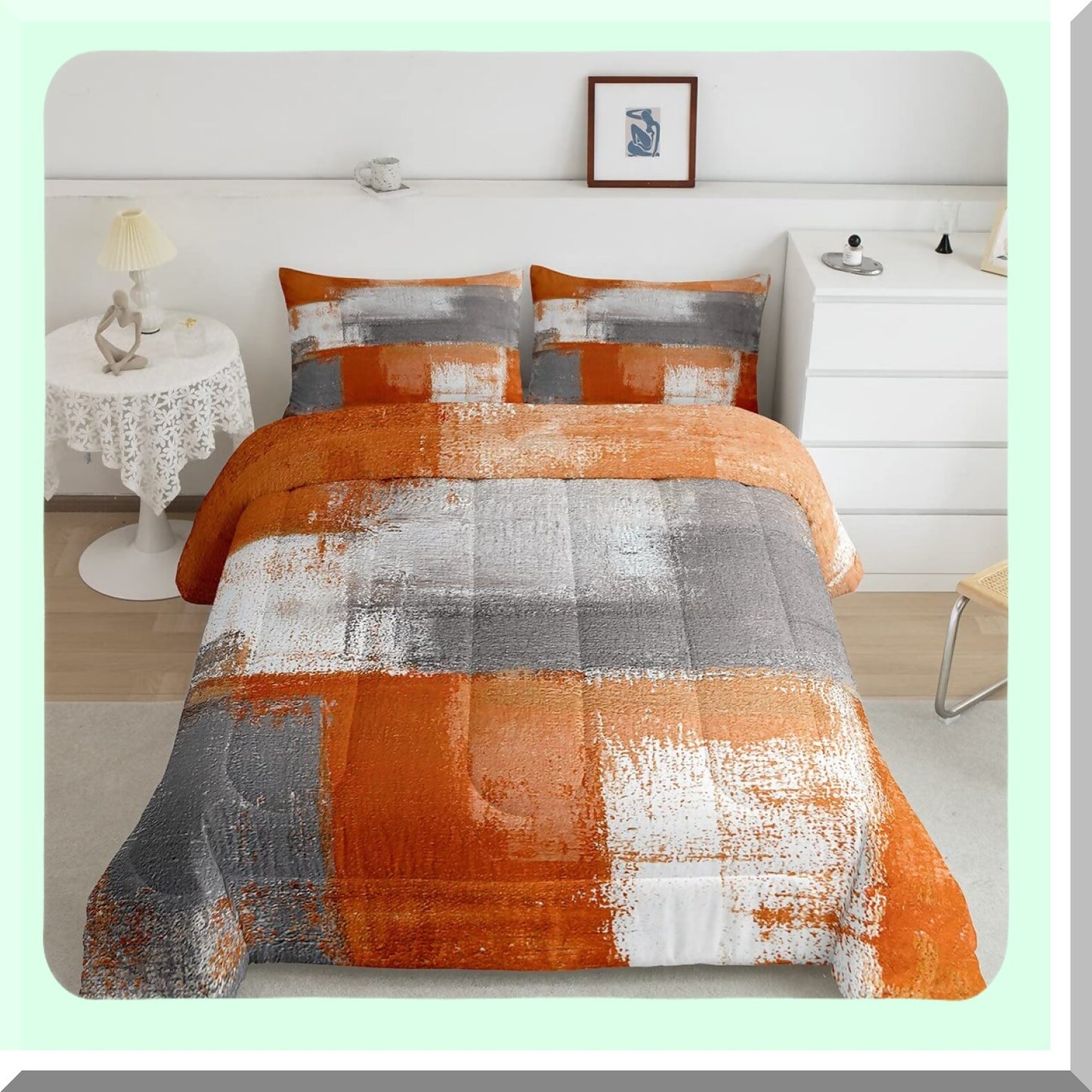 Sunset Dreams Comforter Set - Vibrant Orange Ombre Bedding with Watercolor Grunge Design, Geometric Patchwork Modern Home Decor - 3 Piece Bed Set