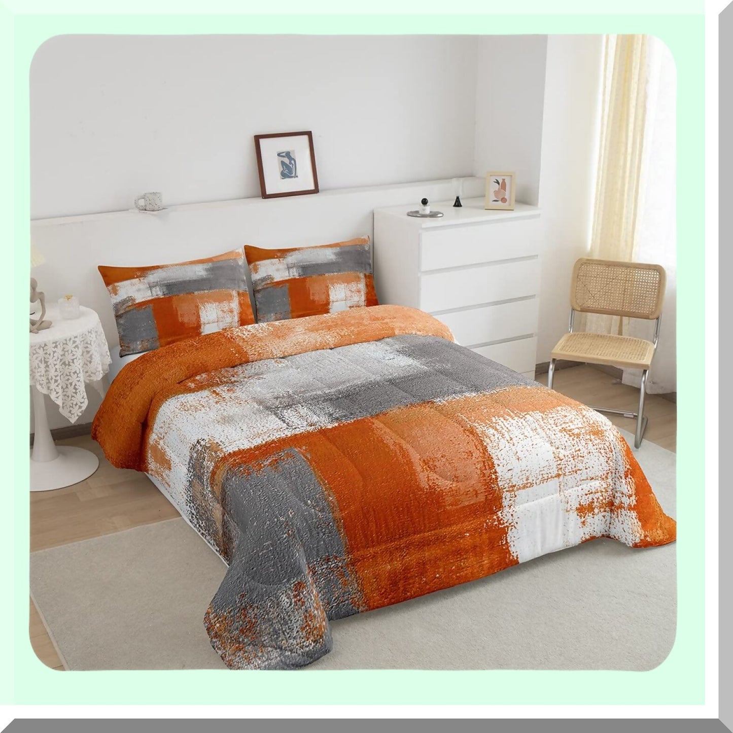 Sunset Dreams Comforter Set - Vibrant Orange Ombre Bedding with Watercolor Grunge Design, Geometric Patchwork Modern Home Decor - 3 Piece Bed Set