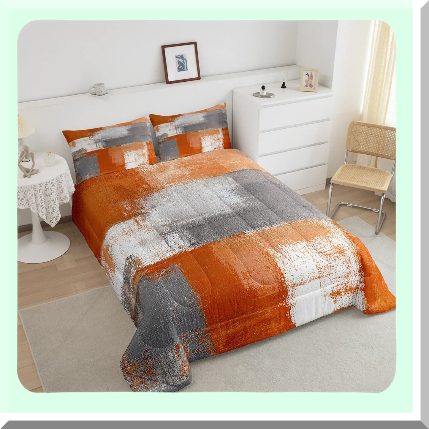Sunset Dreams Comforter Set - Vibrant Orange Ombre Bedding with Watercolor Grunge Design, Geometric Patchwork Modern Home Decor - 3 Piece Bed Set