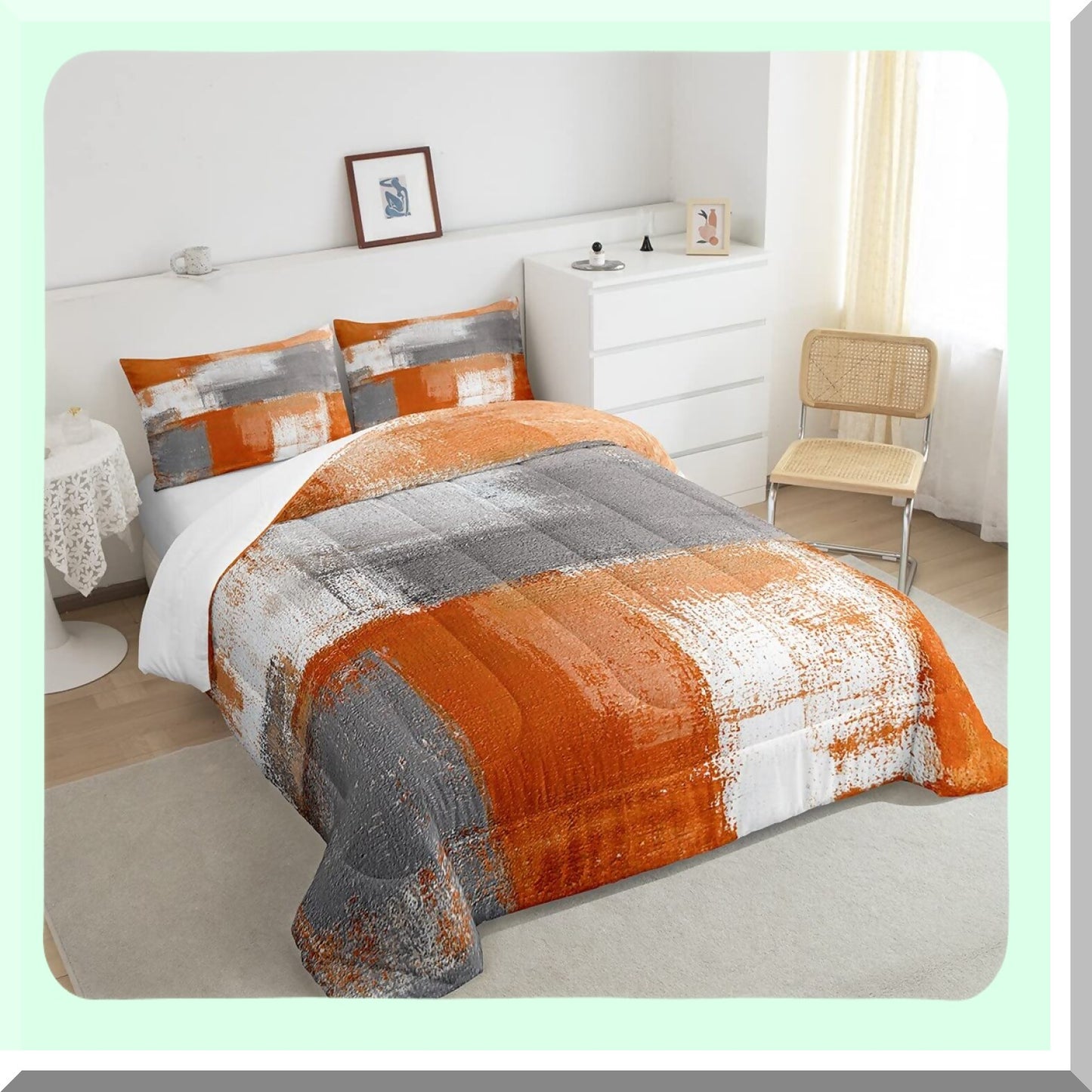 Sunset Dreams Comforter Set - Vibrant Orange Ombre Bedding with Watercolor Grunge Design, Geometric Patchwork Modern Home Decor - 3 Piece Bed Set