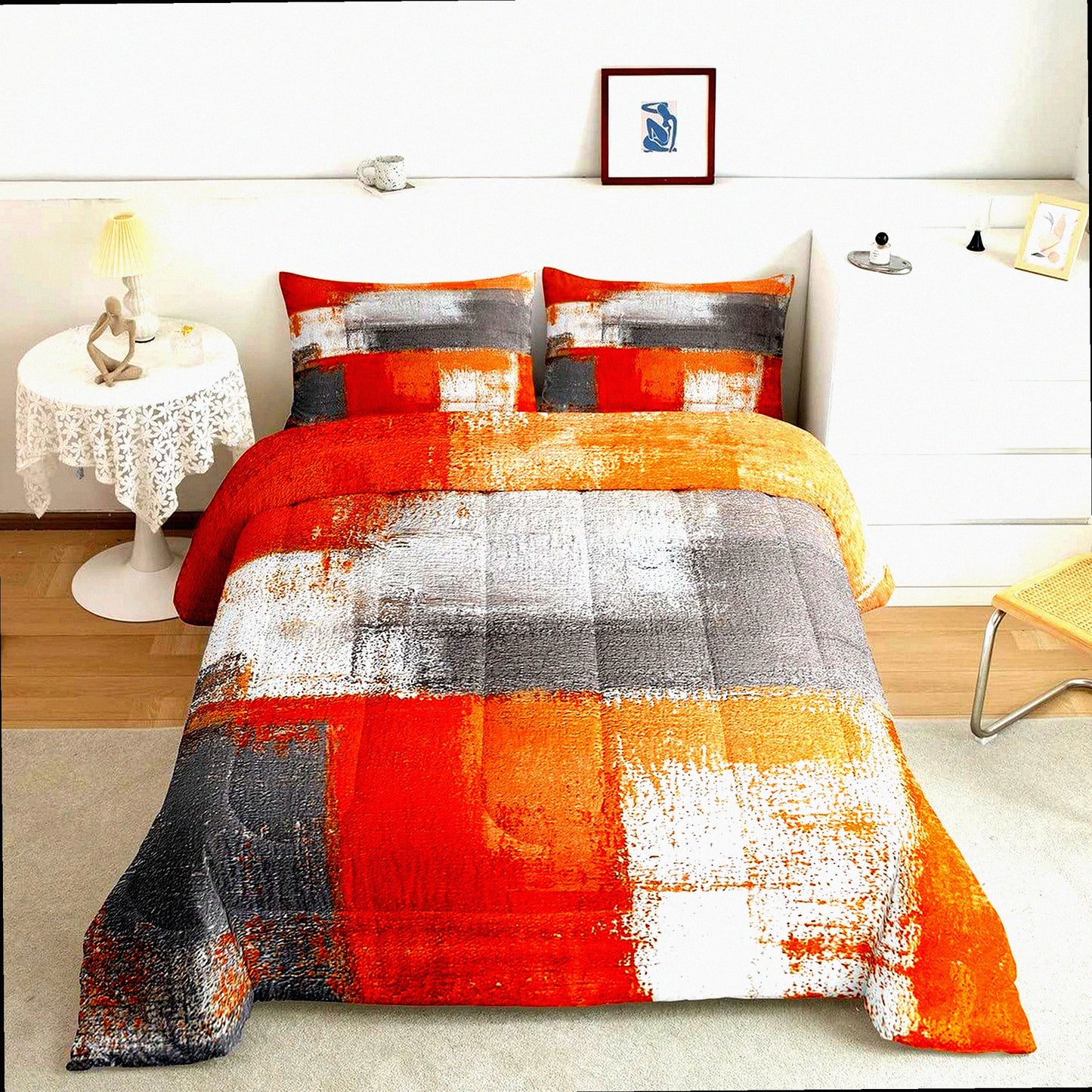 Sunset Dreams Comforter Set - Vibrant Orange Ombre Bedding with Watercolor Grunge Design, Geometric Patchwork Modern Home Decor - 3 Piece Bed Set
