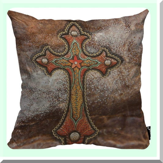 Turquoise Western Tooled Leather Pillow Cover - Soft Cotton Linen Cushion Case for Home Decor - 18"x18" Square Brown Decorative Pillow for Men, Women, Boys, Girls
