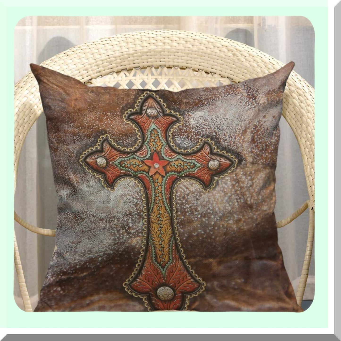 Turquoise Western Tooled Leather Pillow Cover - Soft Cotton Linen Cushion Case for Home Decor - 18"x18" Square Brown Decorative Pillow for Men, Women, Boys, Girls