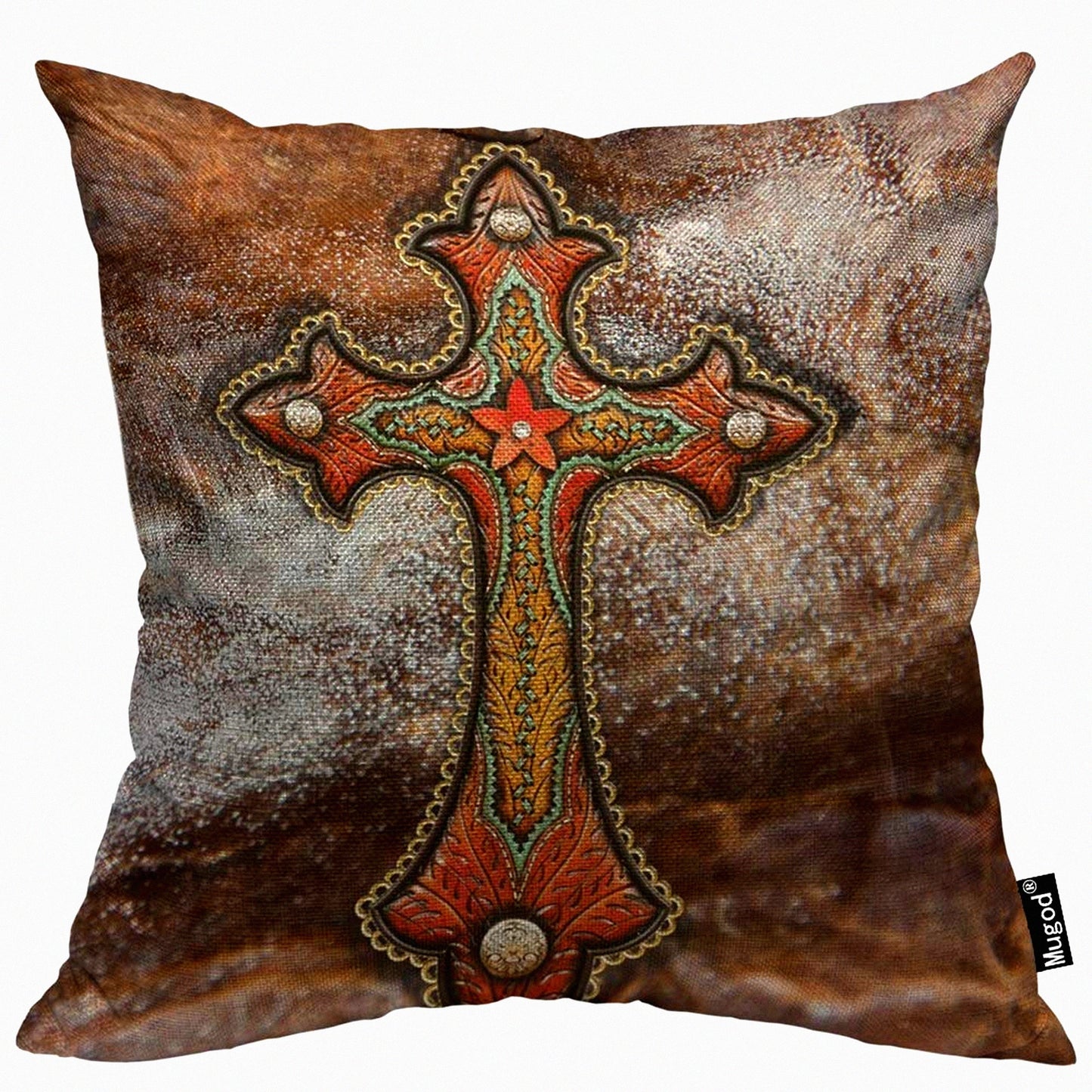 Turquoise Western Tooled Leather Pillow Cover - Soft Cotton Linen Cushion Case for Home Decor - 18"x18" Square Brown Decorative Pillow for Men, Women, Boys, Girls