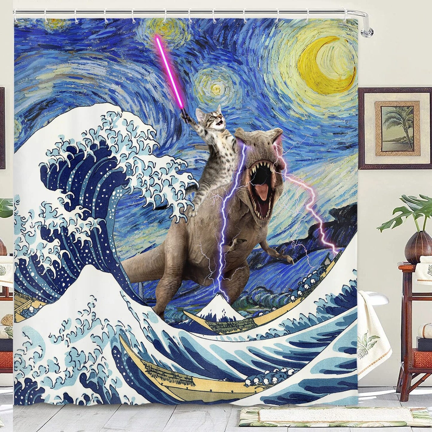 Dinosaur Cat Shower Curtain Blue 70x70