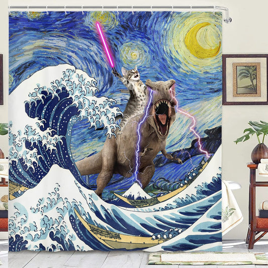 Dinosaur Cat Shower Curtain Blue 70x70