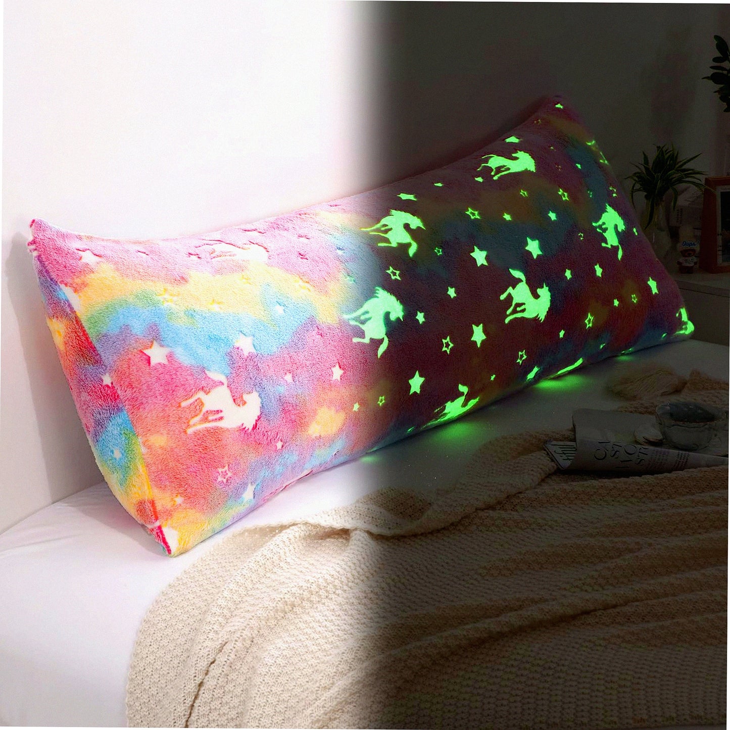 Rainbow Glow Body Pillowcase - Pink Tie Dye Fluffy Cover for Kids & Women - Soft Plush Decorative Throw Pillow - 21x54 Inches