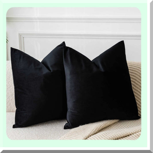 Luxury Black Velvet Euro Throw Pillow Covers - Set of 2 28x28 inch - Living Room Decorative Cushion Cases - Soft Square Sofa Bedroom Accessories