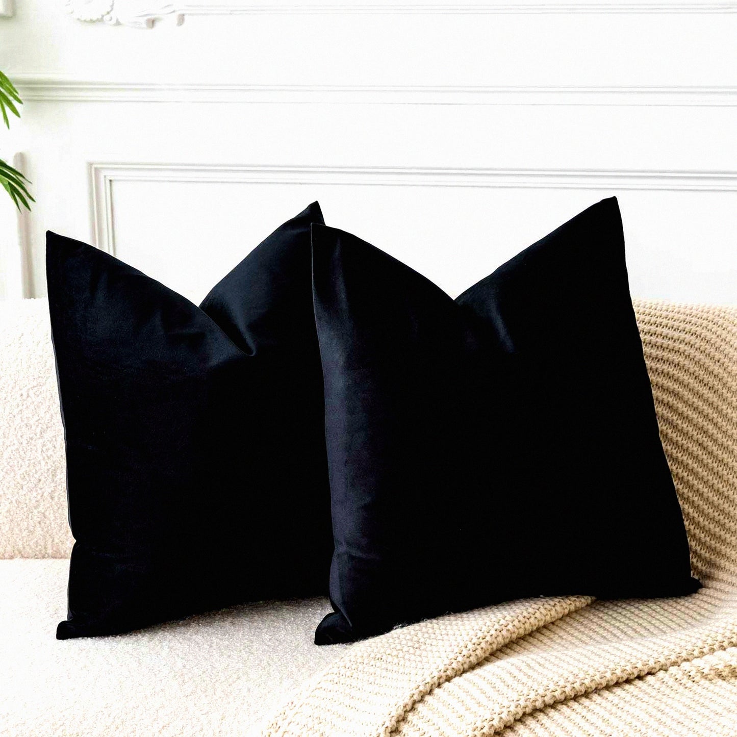 Luxury Black Velvet Euro Throw Pillow Covers - Set of 2 28x28 inch - Living Room Decorative Cushion Cases - Soft Square Sofa Bedroom Accessories