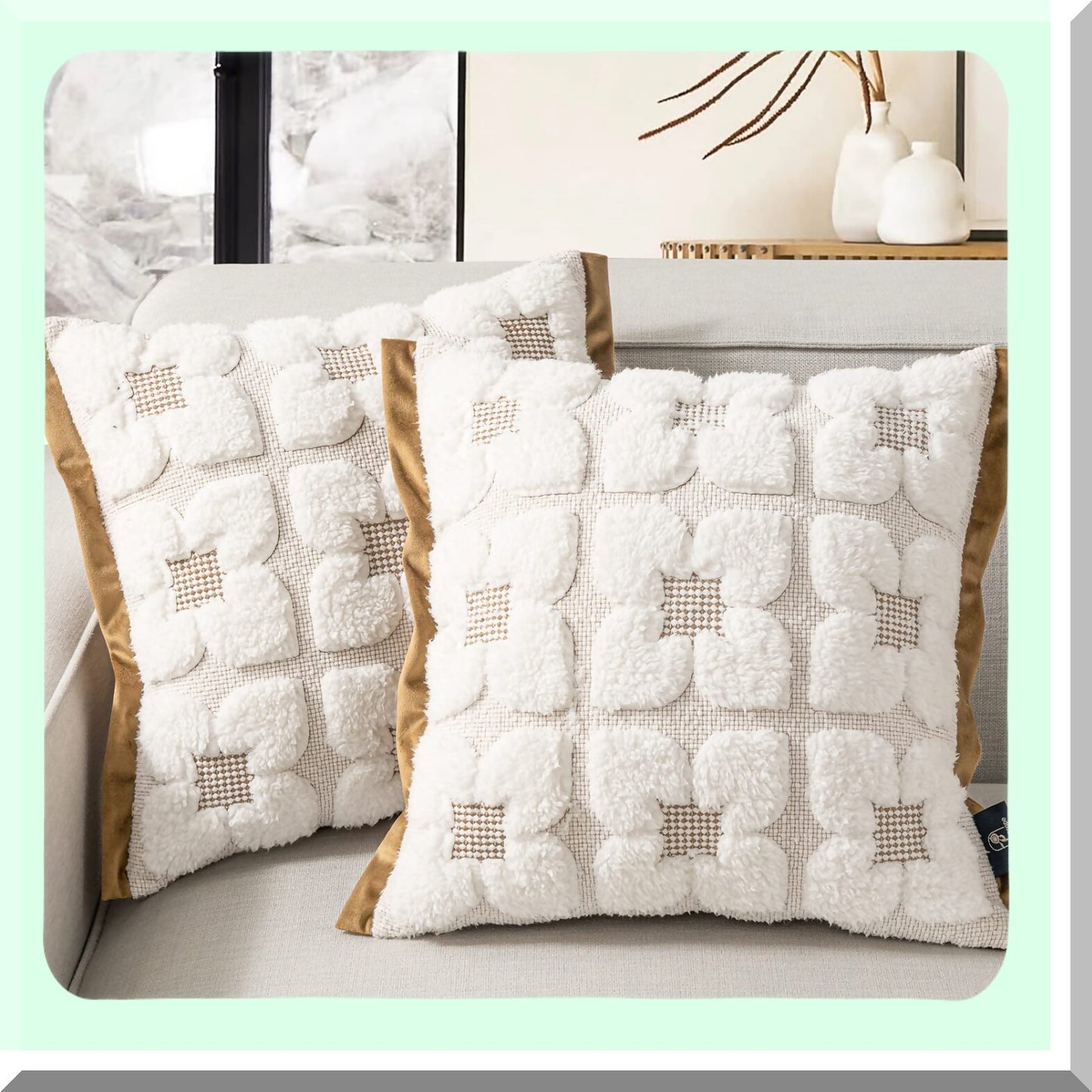 Cozy Sherpa Embroidered Pillow Covers - Set of 2 Soft Fluffy Cushion Cases for Bedroom/Couch - Decorative Square Throw Pillow Cases - Light Coffee - 18 x 18 Inches