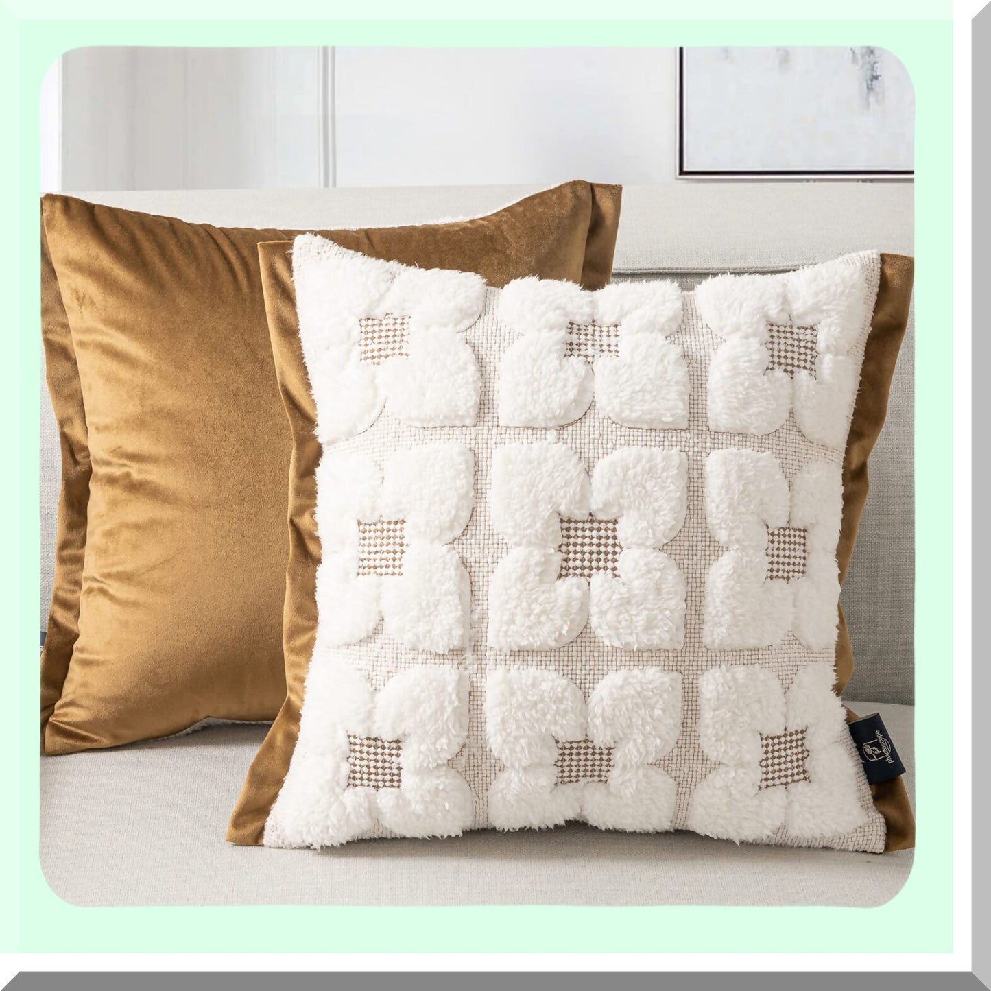 Cozy Sherpa Embroidered Pillow Covers - Set of 2 Soft Fluffy Cushion Cases for Bedroom/Couch - Decorative Square Throw Pillow Cases - Light Coffee - 18 x 18 Inches