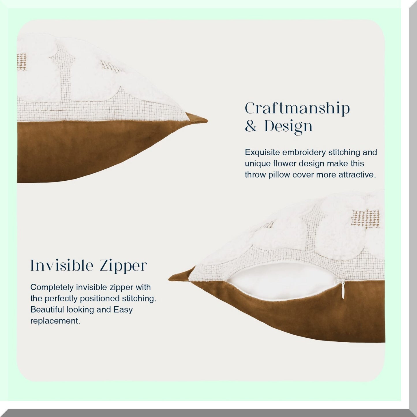 Cozy Sherpa Embroidered Pillow Covers - Set of 2 Soft Fluffy Cushion Cases for Bedroom/Couch - Decorative Square Throw Pillow Cases - Light Coffee - 18 x 18 Inches