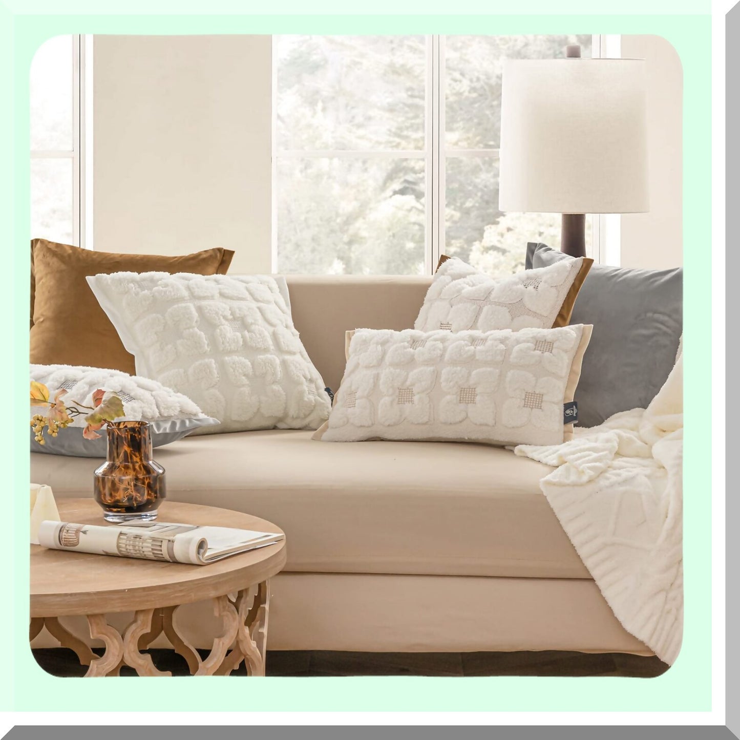 Cozy Sherpa Embroidered Pillow Covers - Set of 2 Soft Fluffy Cushion Cases for Bedroom/Couch - Decorative Square Throw Pillow Cases - Light Coffee - 18 x 18 Inches
