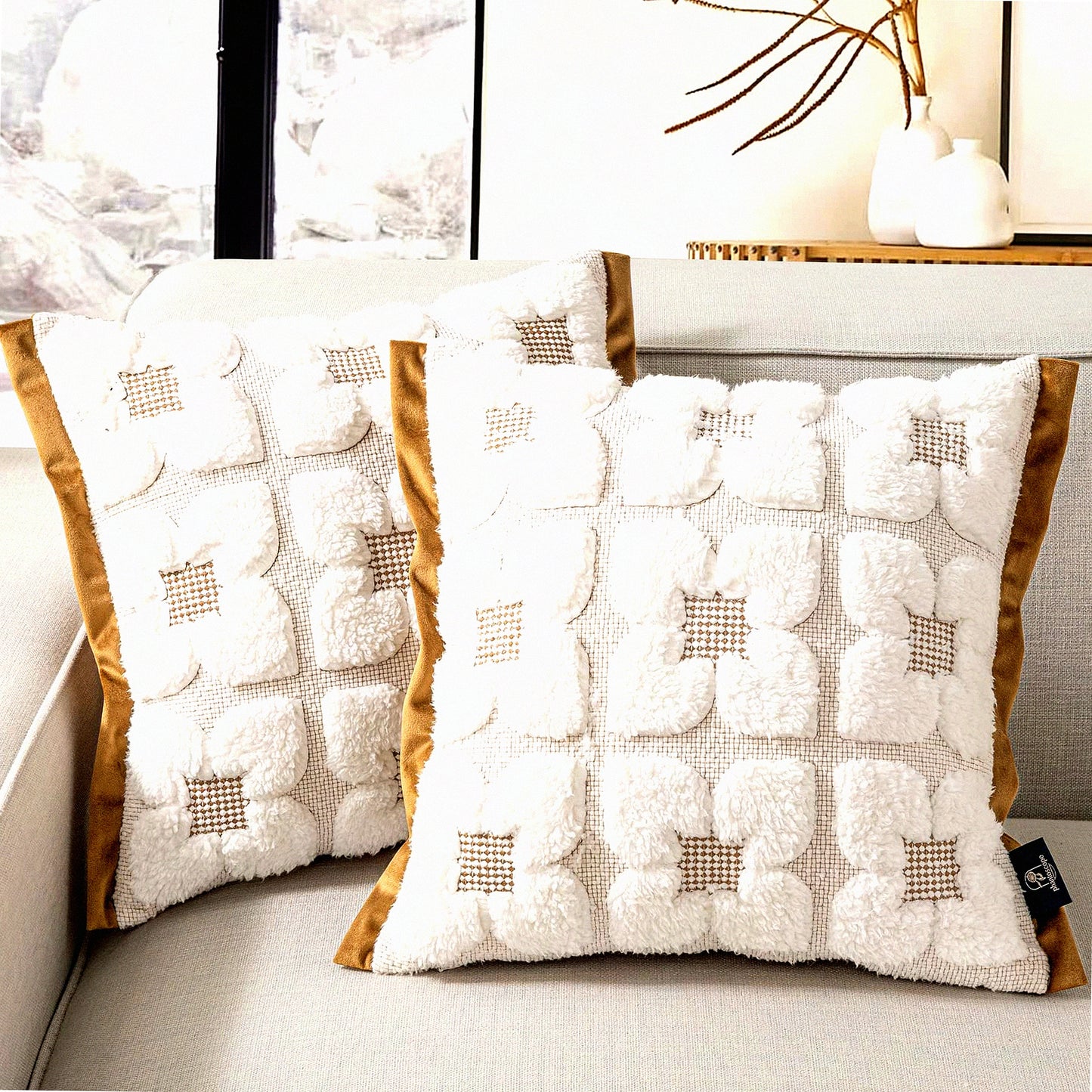 Cozy Sherpa Embroidered Pillow Covers - Set of 2 Soft Fluffy Cushion Cases for Bedroom/Couch - Decorative Square Throw Pillow Cases - Light Coffee - 18 x 18 Inches