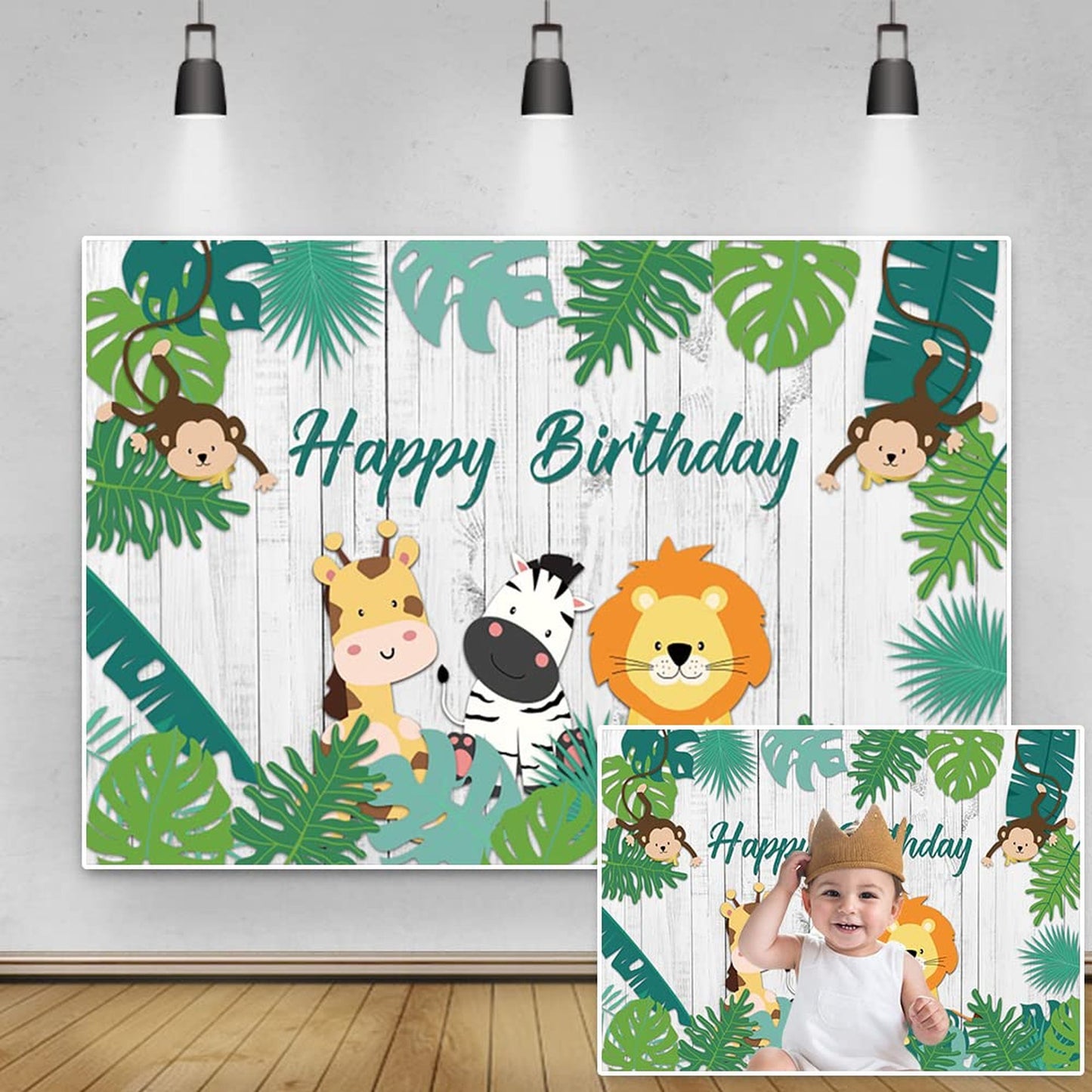 Jungle Safari Birthday Backdrop - Wildlife Tropical Green Leaves Rustic Wooden Photography Background - Kids Party Decorations Vinyl Banner