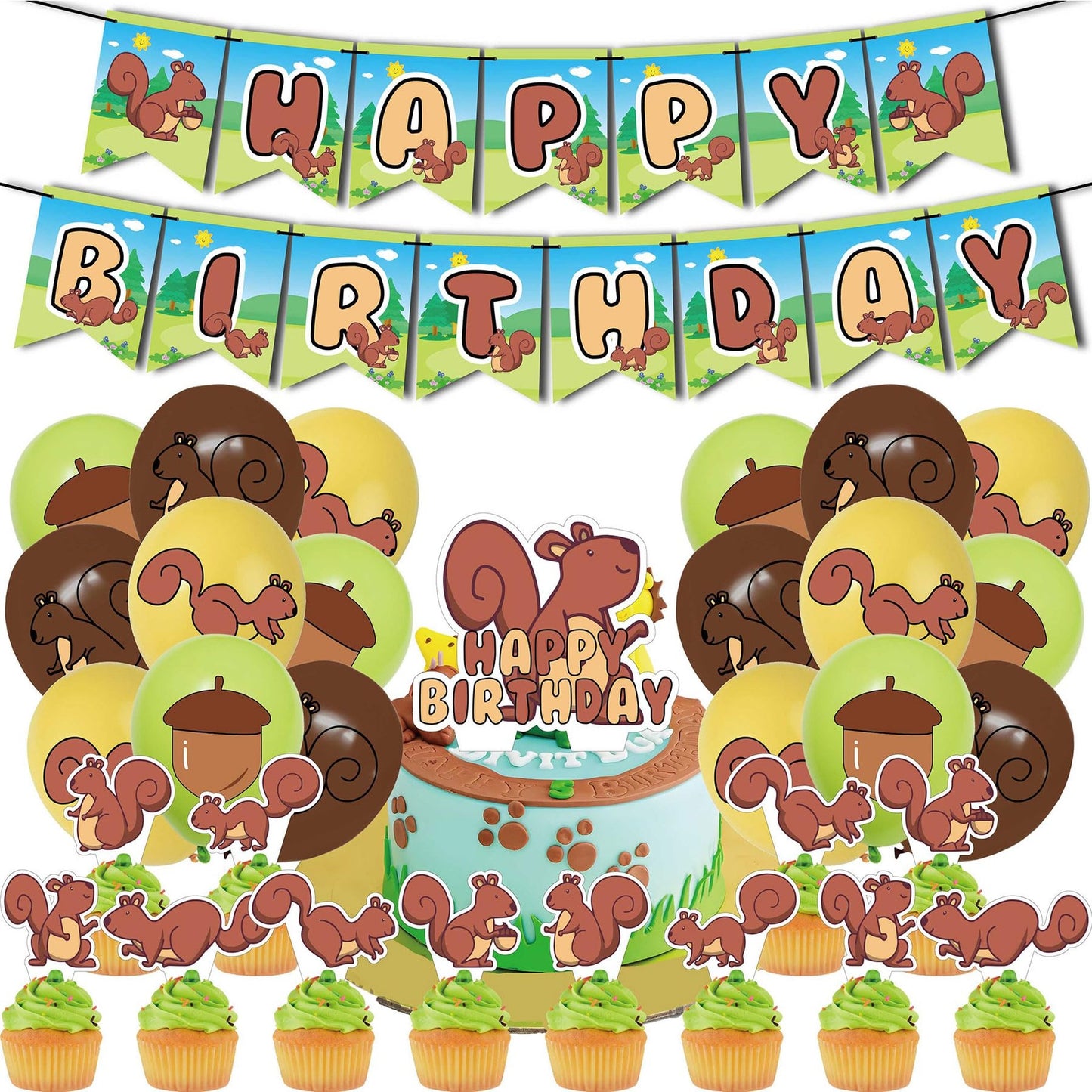 Woodland Squirrel Birthday Party Pack - Includes HAPPY BIRTHDAY Banner, Balloons, Cake Topper, Cupcake Toppers, Cartoon Zoo Decorations. Perfect for a fun celebration!