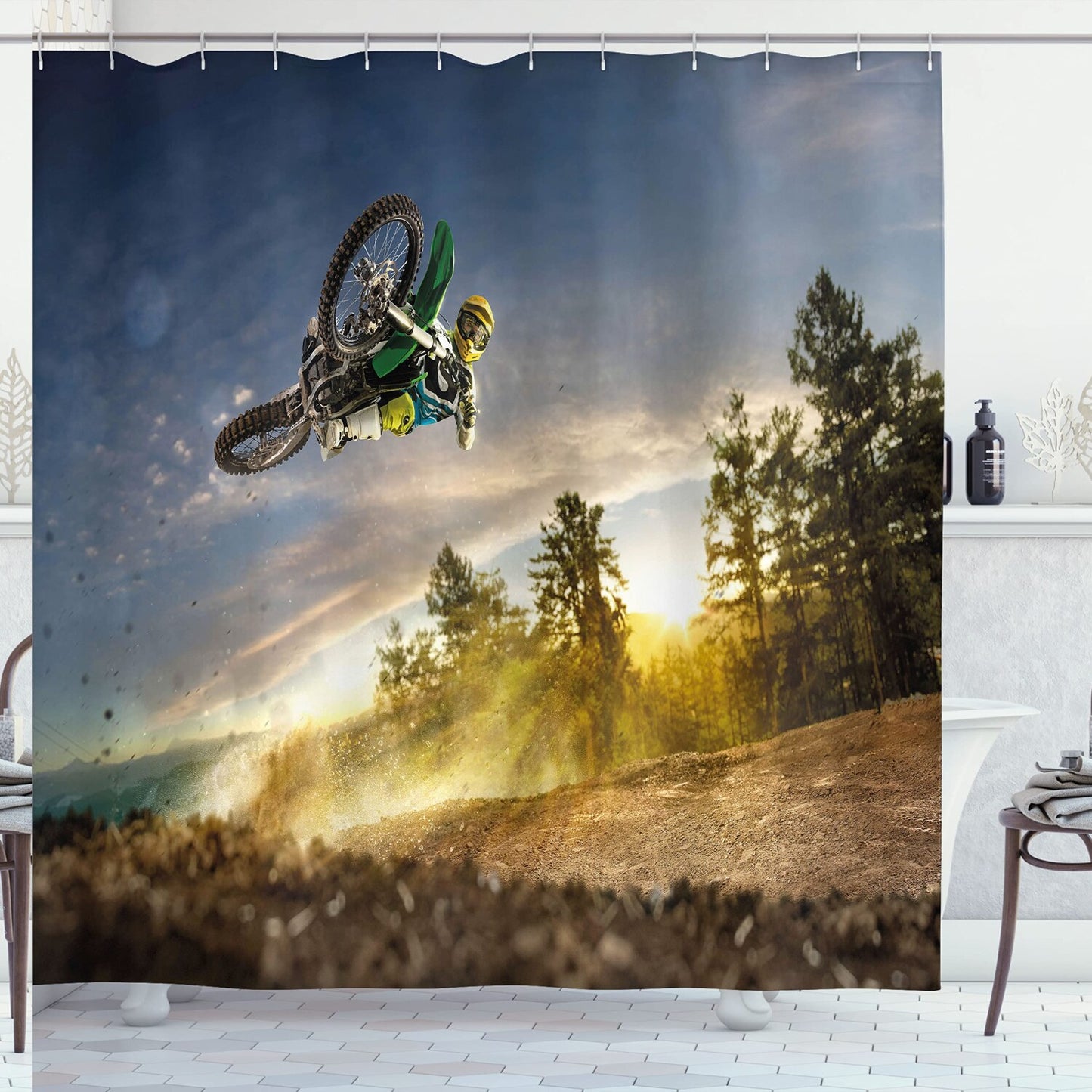 Teen Room Shower Curtain Man on Bike Racing 69x70 inches