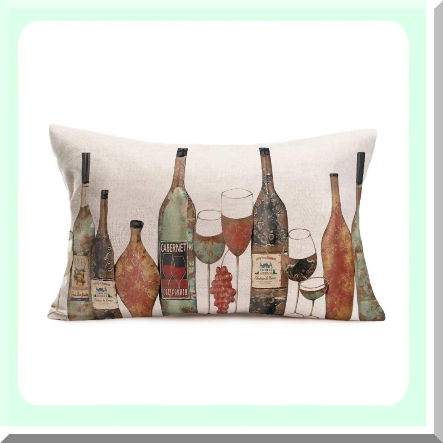 Wine Bottle Vintage Lumbar Pillow Cover - Decorative Rectangle Cushion Cover for Sofa Bed - Cotton Linen Home Decor - 12x20 Inch Pillowcase