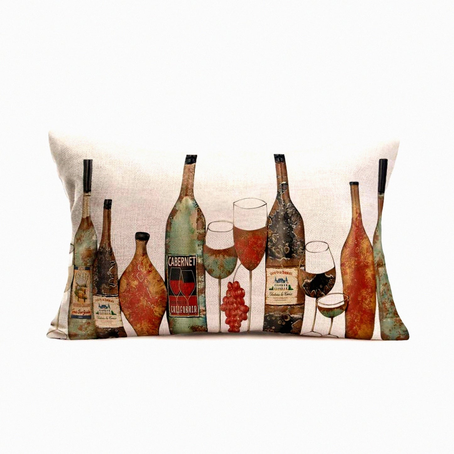 Wine Bottle Vintage Lumbar Pillow Cover - Decorative Rectangle Cushion Cover for Sofa Bed - Cotton Linen Home Decor - 12x20 Inch Pillowcase