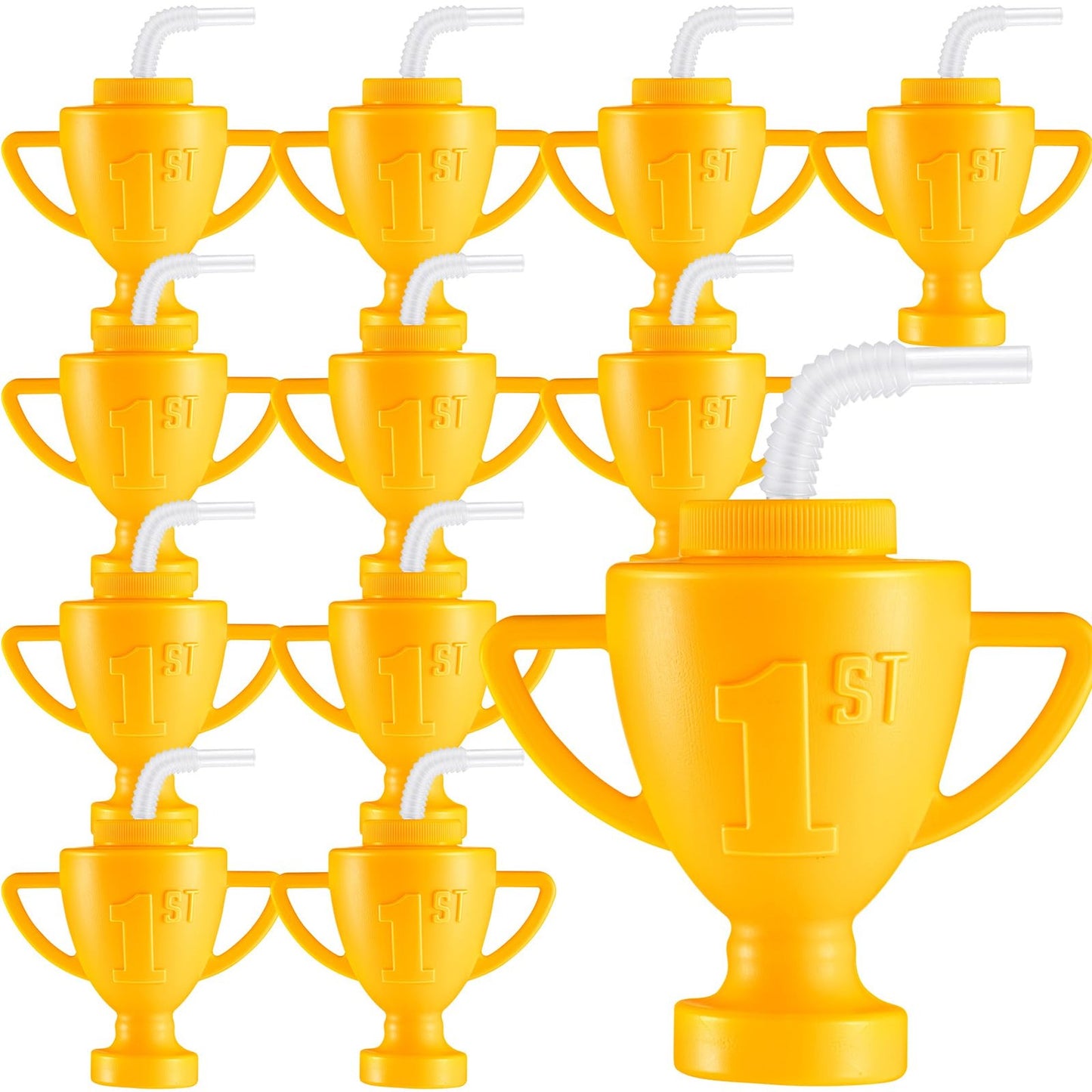 Race Car Trophy Cup Set - 12 Pack 12oz Plastic Cups with Straws & Lids for Birthday Parties, Competitions, Rewards, Prizes, and Props - Gold Finish