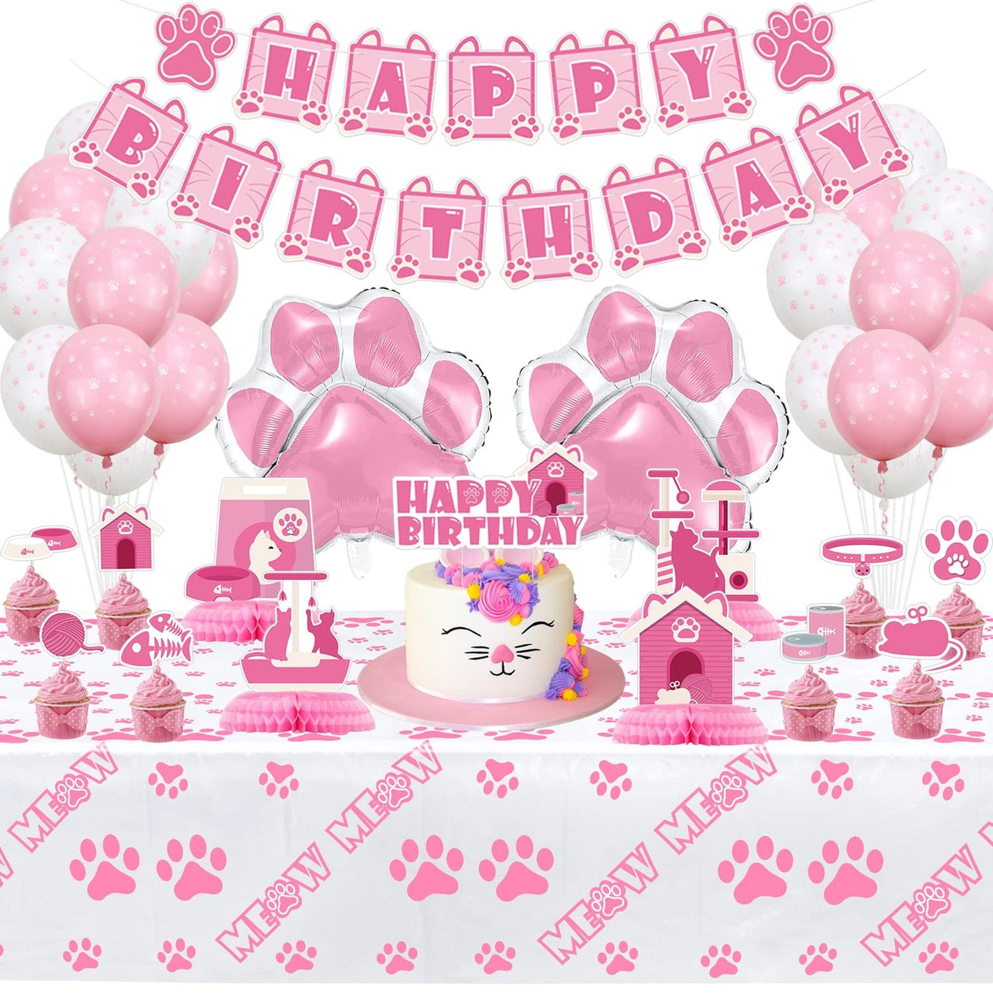 Purrfect Cat Birthday Party Kit - Includes HAPPY BIRTHDAY Banner, Honeycomb Centerpieces, Paw Balloons, MEOW Tablecloth, Cake Toppers - Ideal for Kids, Girls, and Cat Lovers!