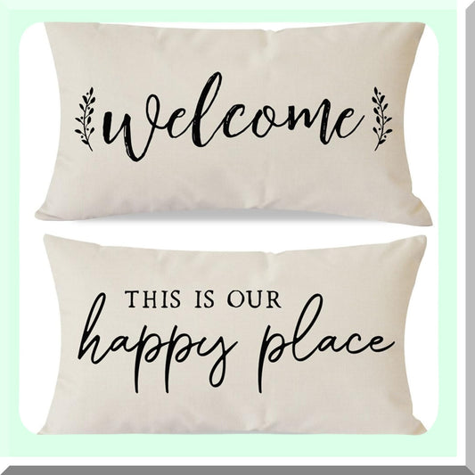 Rustic Farmhouse Lumbar Pillow Covers Set of 2 - Welcome This is Our Happy Place Decorative Throw Cases for Living Room Bedroom & Outdoor Porch