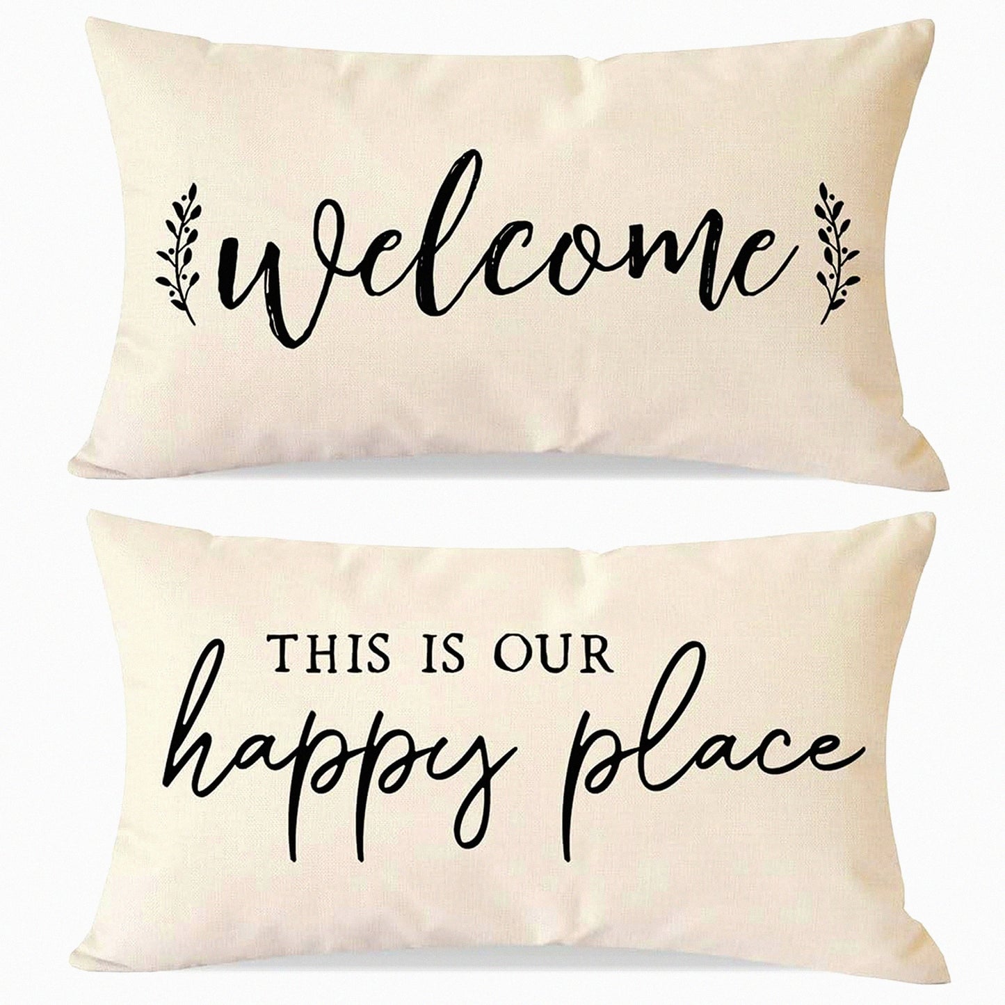 Rustic Farmhouse Lumbar Pillow Covers Set of 2 - Welcome This is Our Happy Place Decorative Throw Cases for Living Room Bedroom & Outdoor Porch