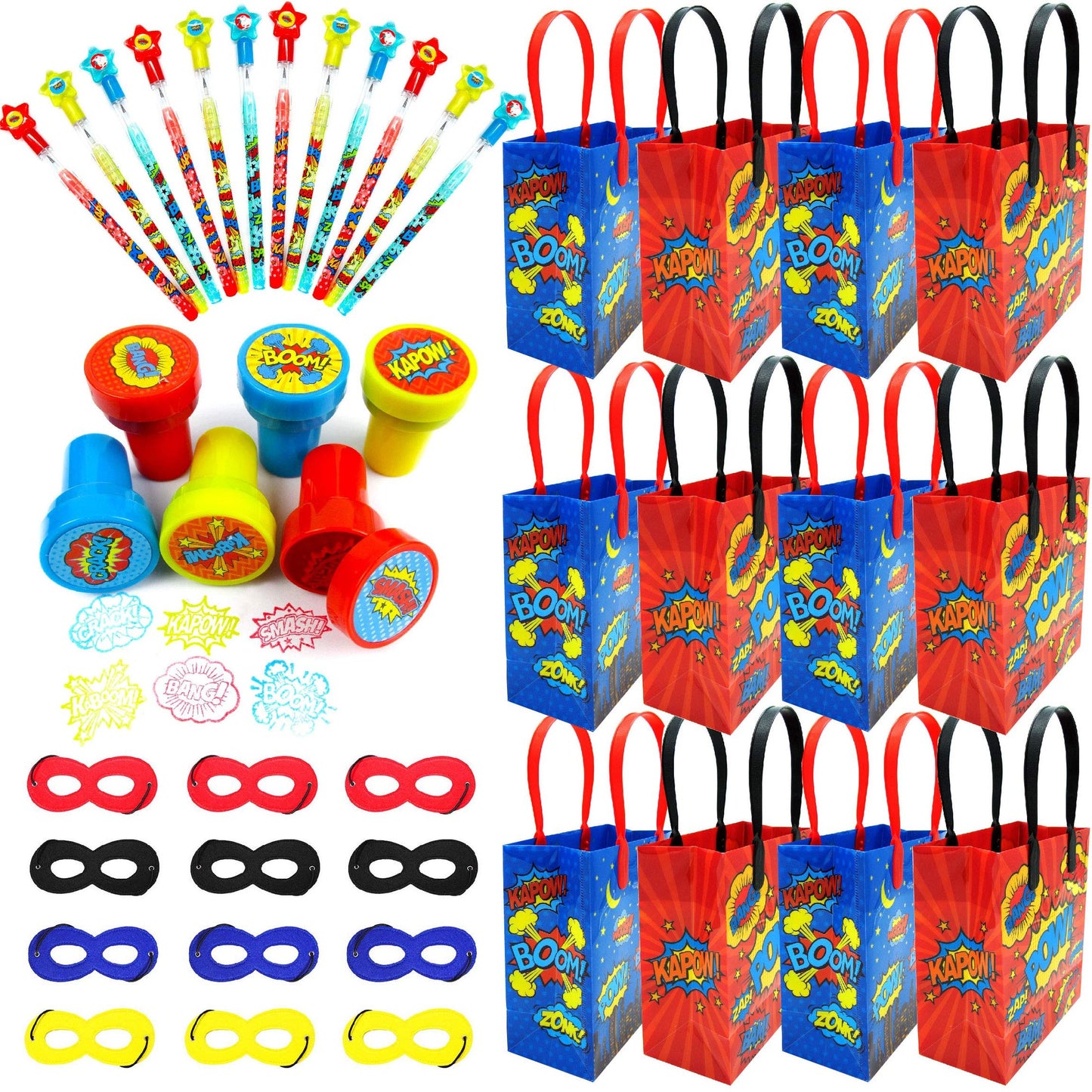 Superhero Party Favor Set with Bags, Stamps, Pencils
