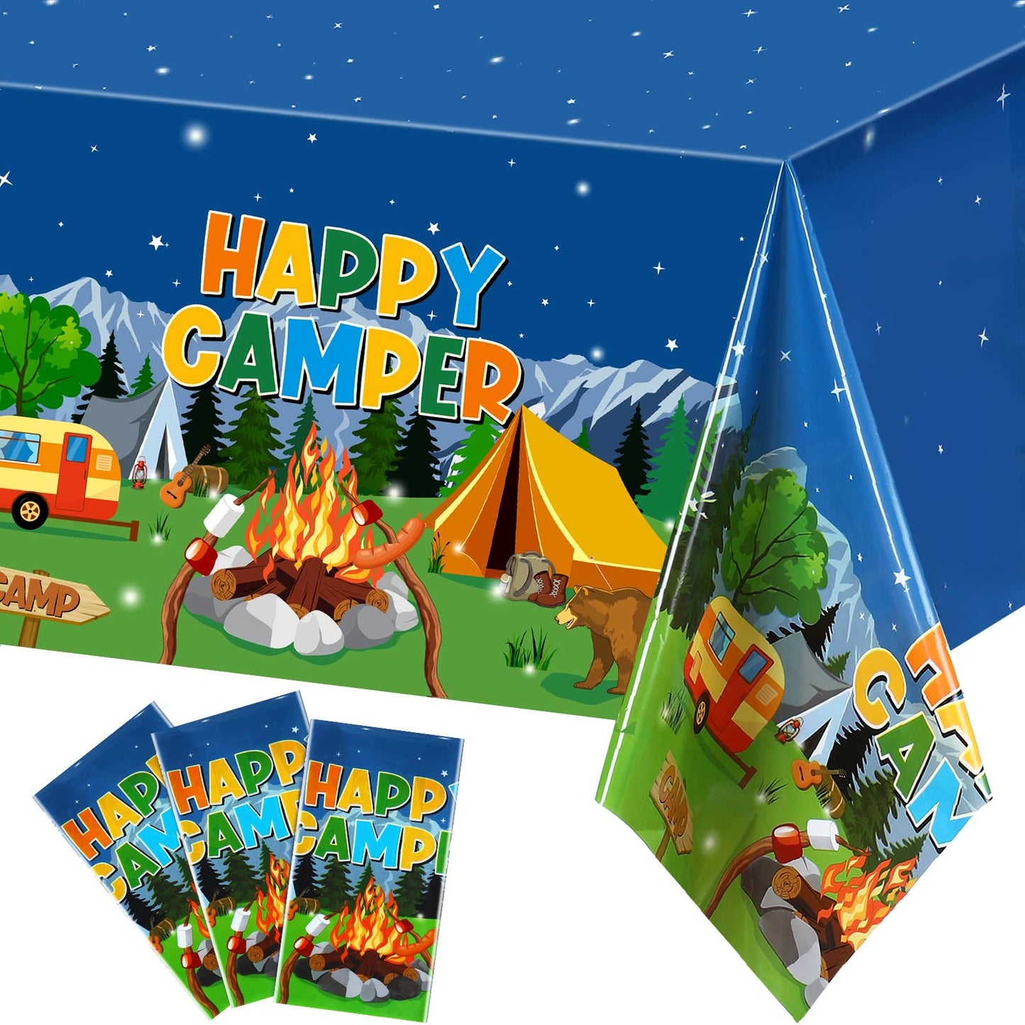Adventure Campfire Tablecloth Set - 3 Piece Forest Themed Plastic Cover for Camping Party Decor. Perfect for Camp Outs and Outdoor Adventures!
